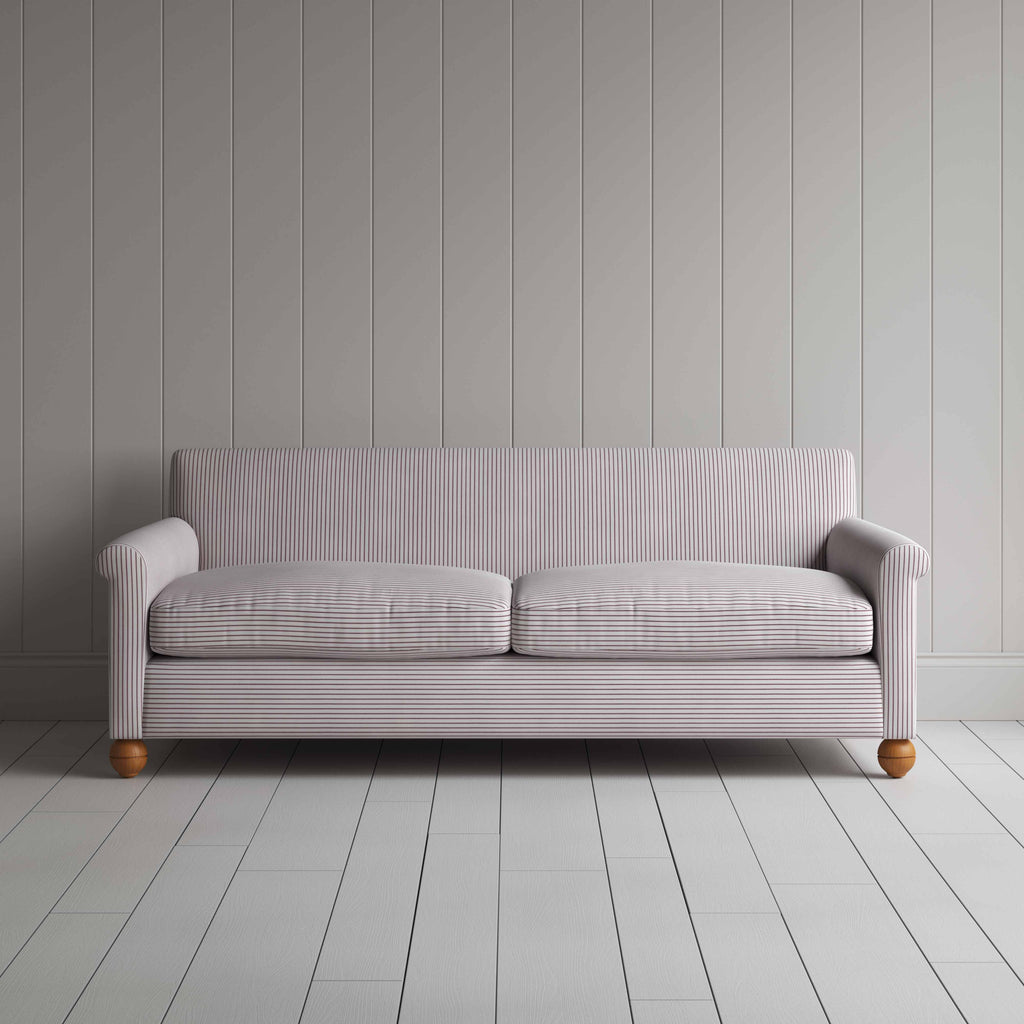 Idler 4 Seater Sofa in Ticking Cotton, Berry, Front View - Nicola Harding