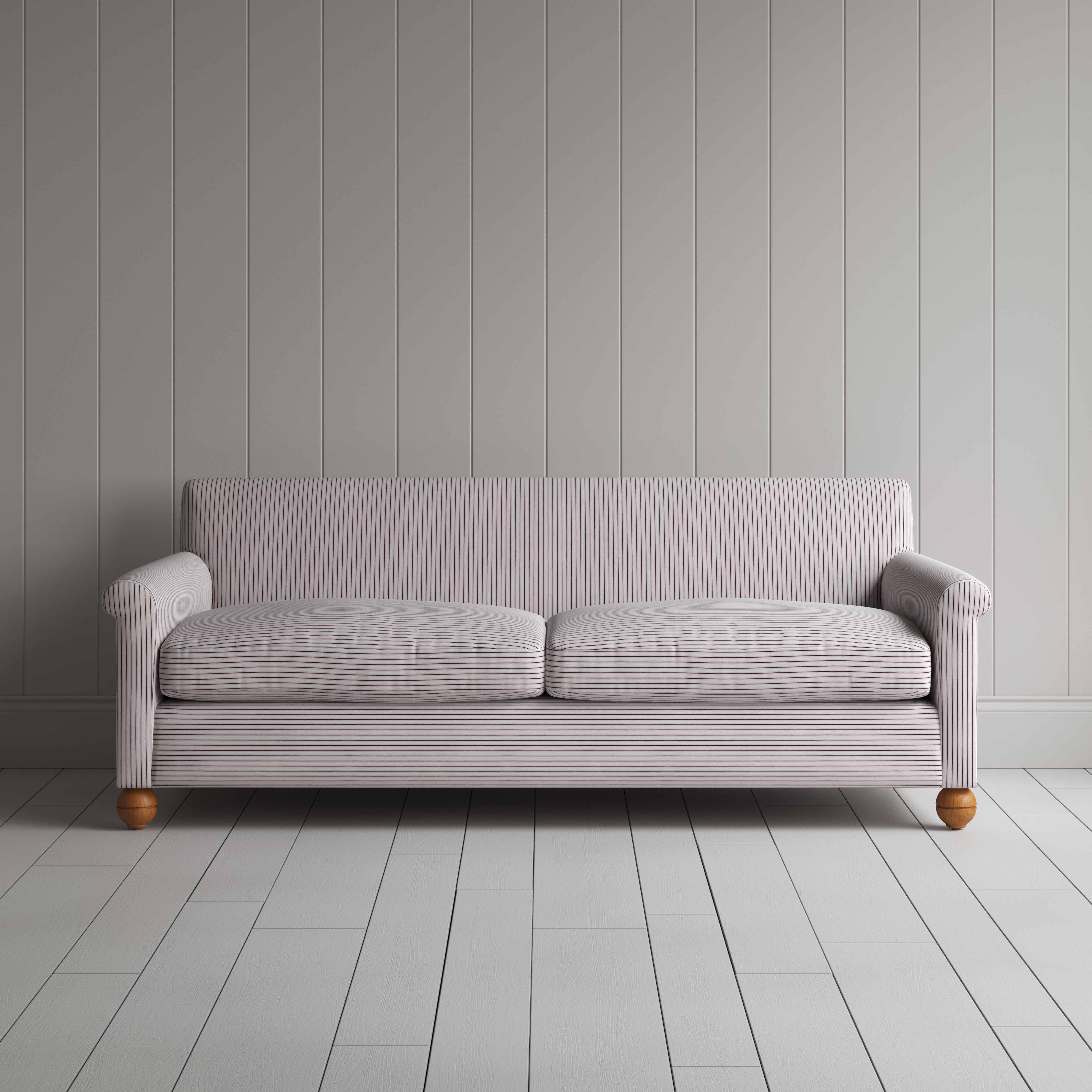 Idler 4 Seater Sofa in Ticking Cotton, Berry, Front View - Nicola Harding