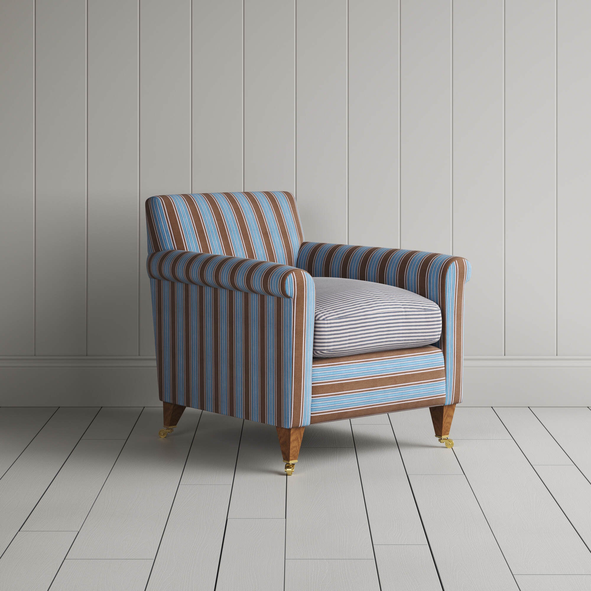 Idler Armchair in Regatta Blue Frame and Ticking Blue Brown Seat