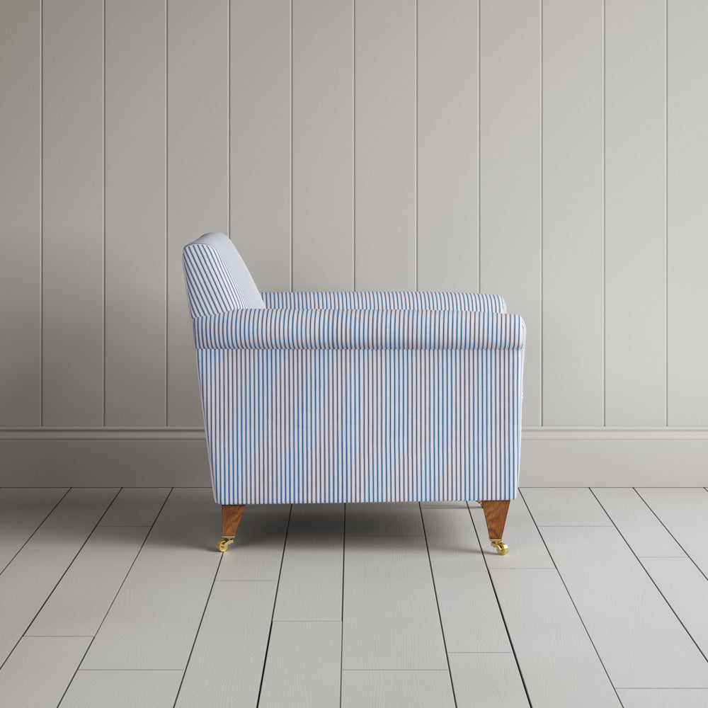 Idler Armchair in Ticking Aqua Brown Frame and Classic Corduroy Stone Beige Seat