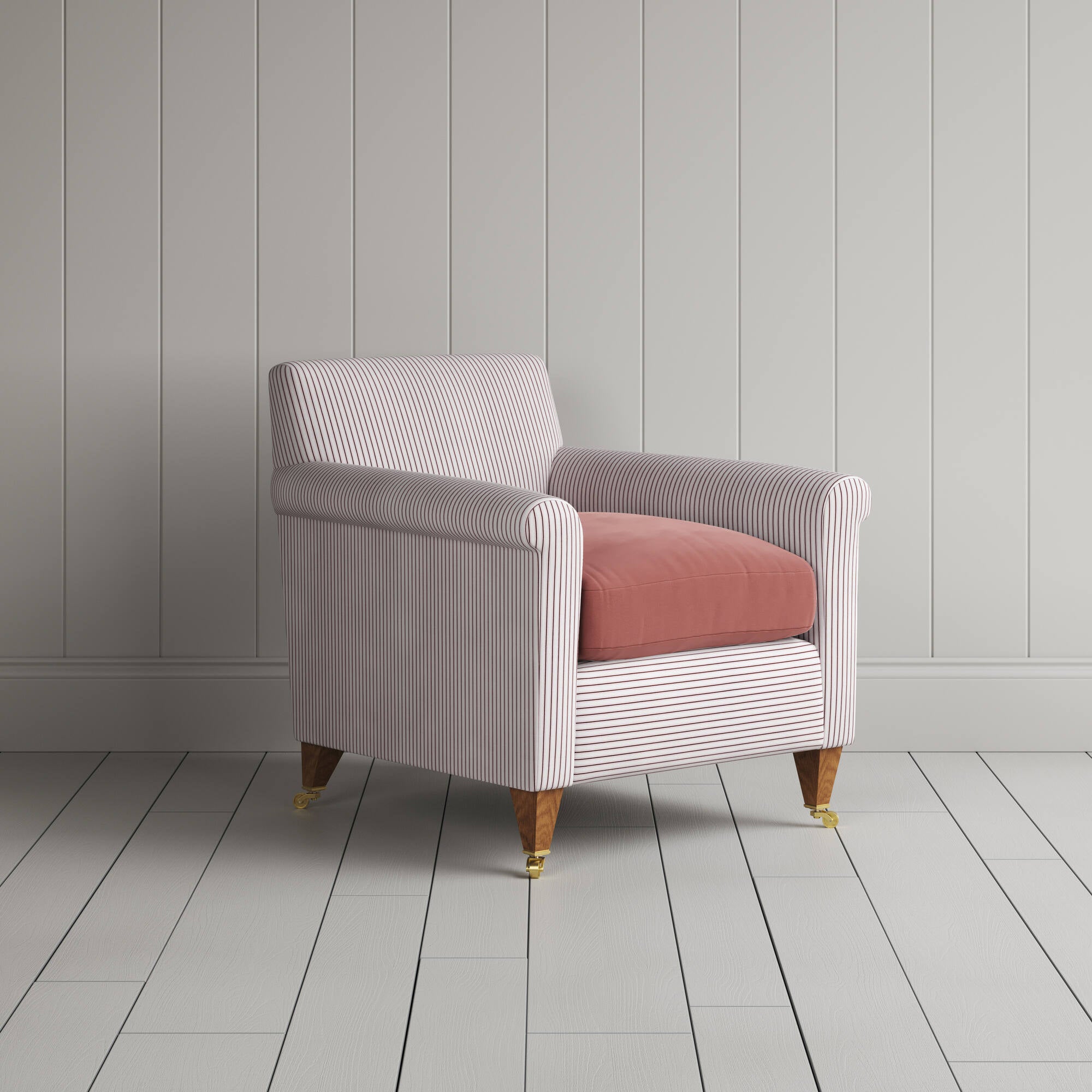 Idler Armchair in Ticking Berry Frame and Intelligent Velvet Damson Seat