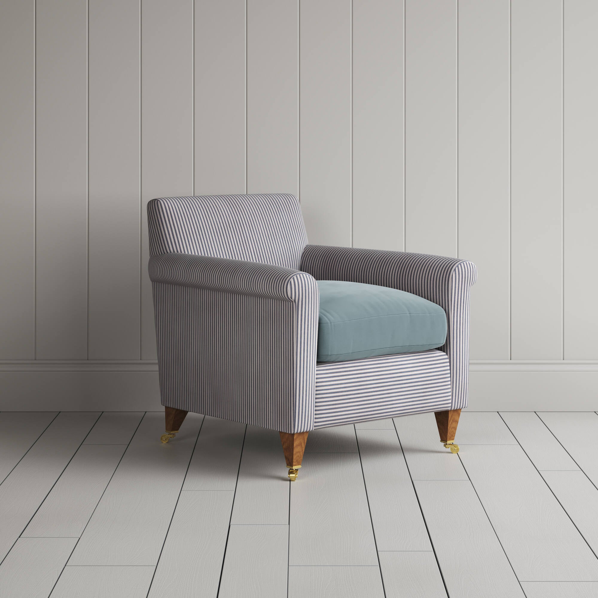Idler Armchair in Ticking Blue Brown Frame and Intelligent Velvet Mineral Seat