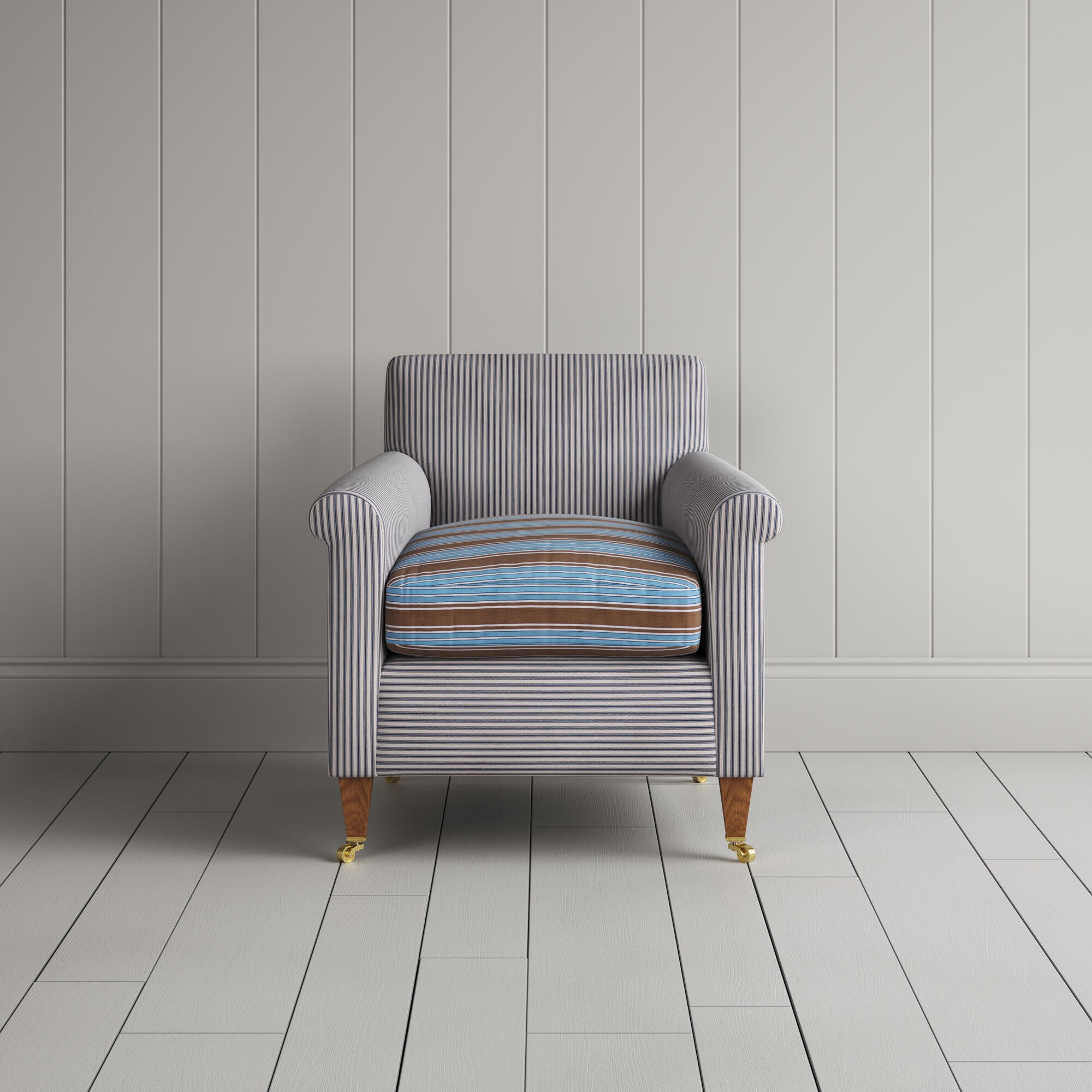 Idler Armchair in Ticking Blue Brown Frame and Regatta Blue Seat