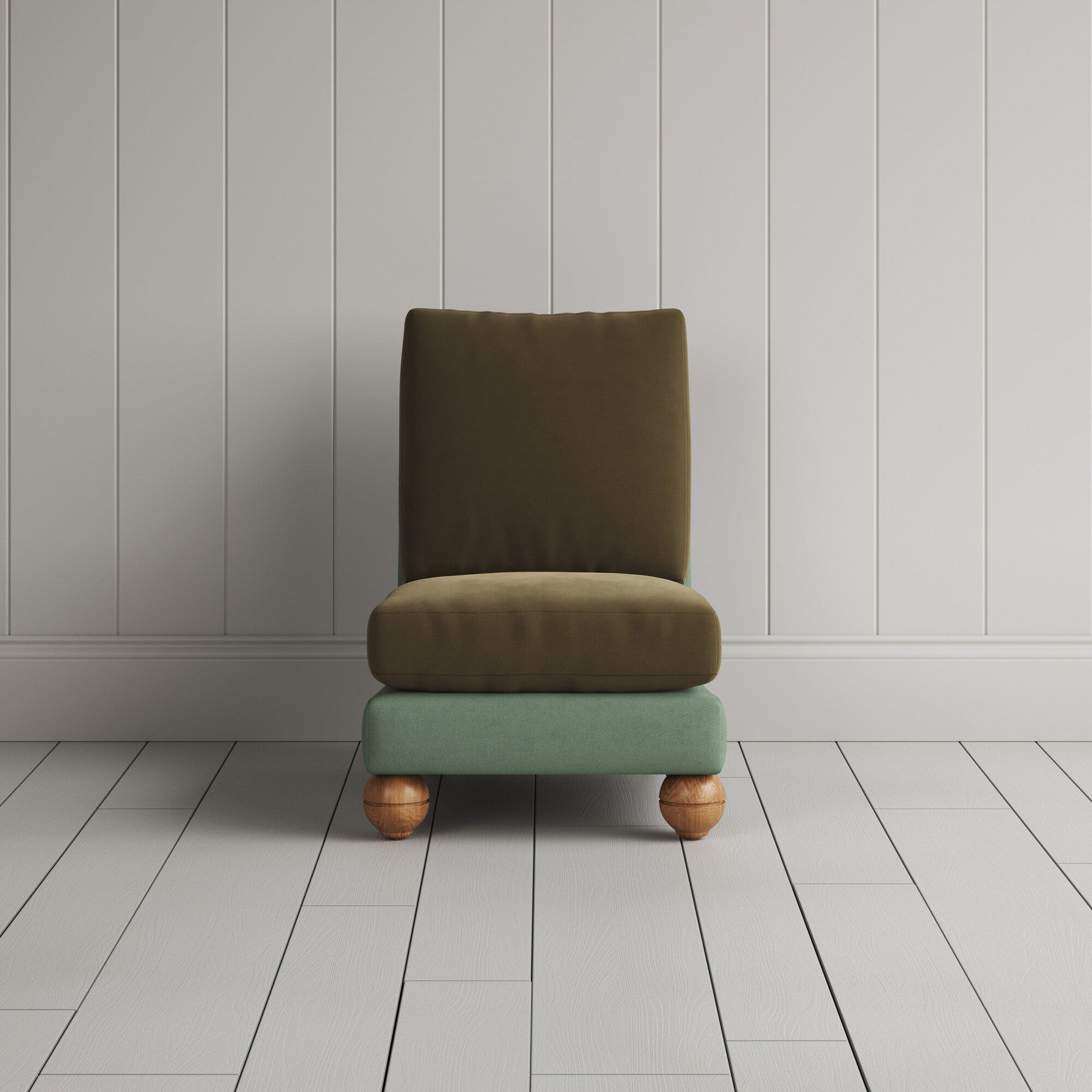 Perch Slipper Armchair in Laidback Linen Moss Frame and Intelligent Velvet Sepia Seat