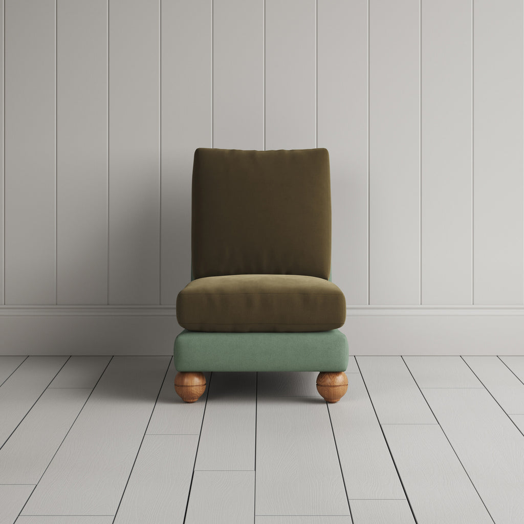 Perch Slipper Armchair in Laidback Linen Moss Frame and Intelligent Velvet Sepia Seat