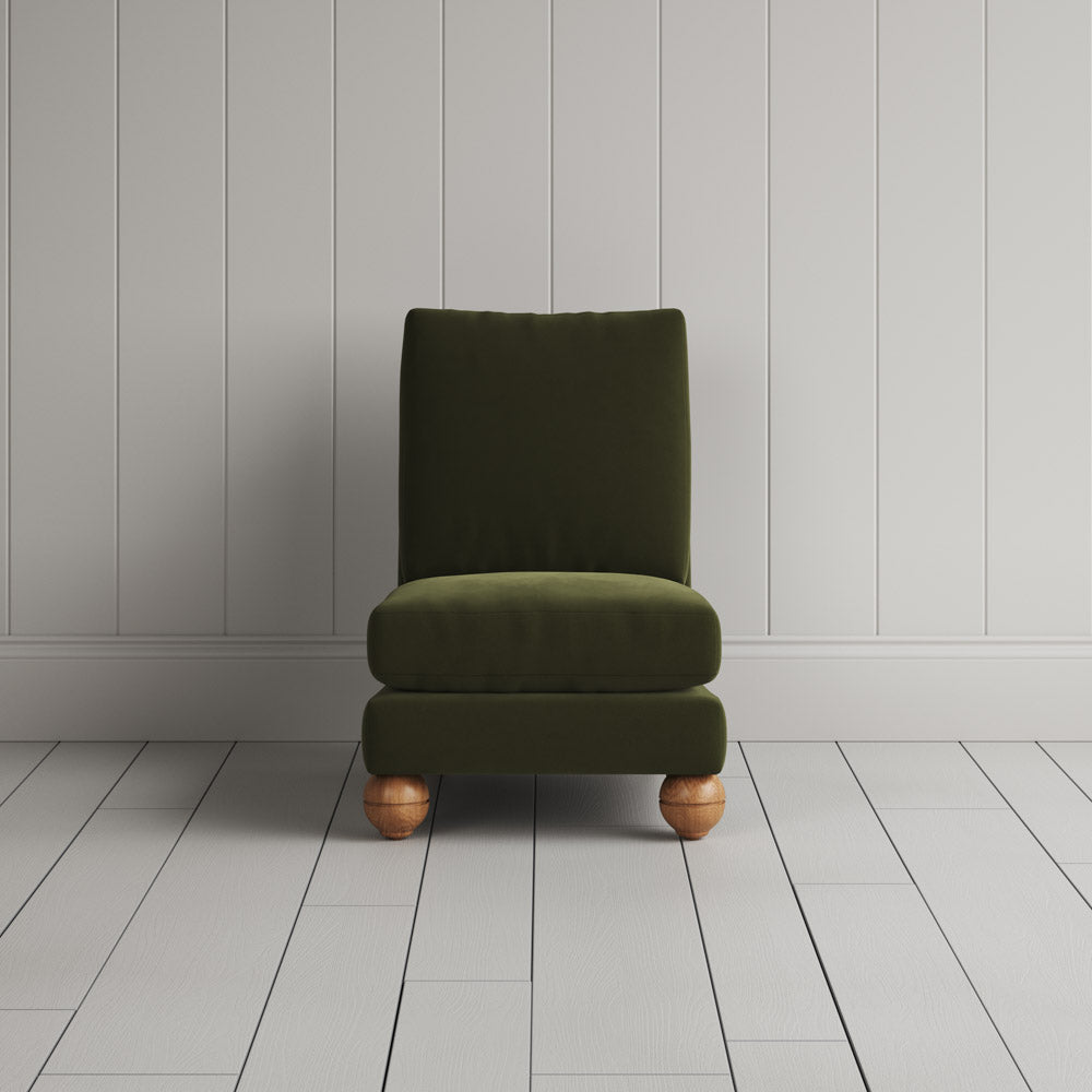 Front View of Perch Slipper Armchair in Intelligent Velvet Juniper