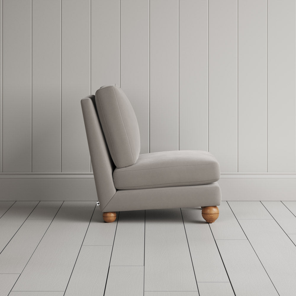Side View of Slipper Armchair in Intelligent Velvet Moonstone