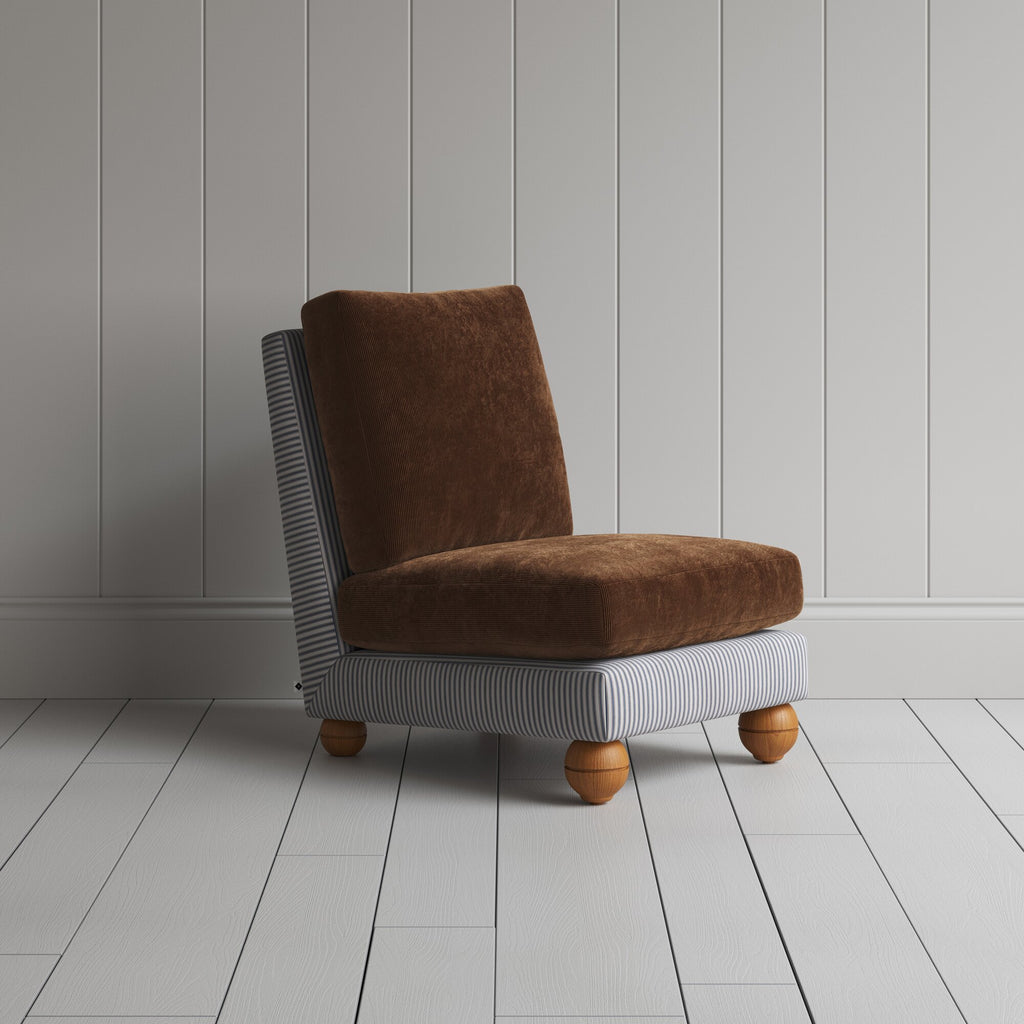 Perch Slipper Armchair in Ticking Blue Brown Frame and Classic Corduroy Tobacco Seat