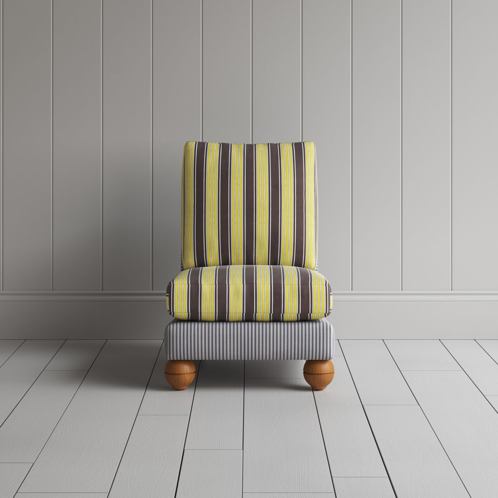 Perch Slipper Armchair in Ticking Blue Brown Frame and Regatta Custard Seat