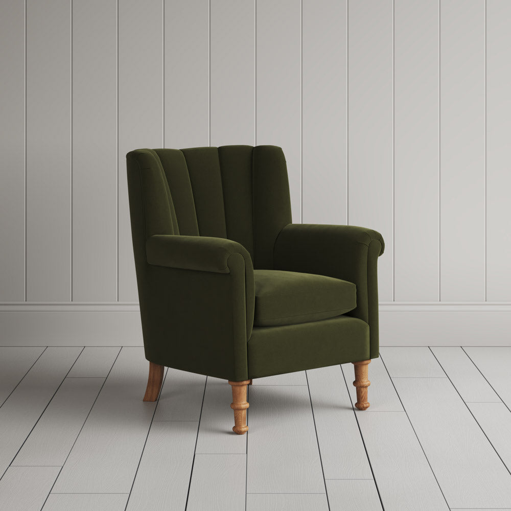Time Out Armchair fluted back armchair in intelligent velvet juniper, angled view by NiX.