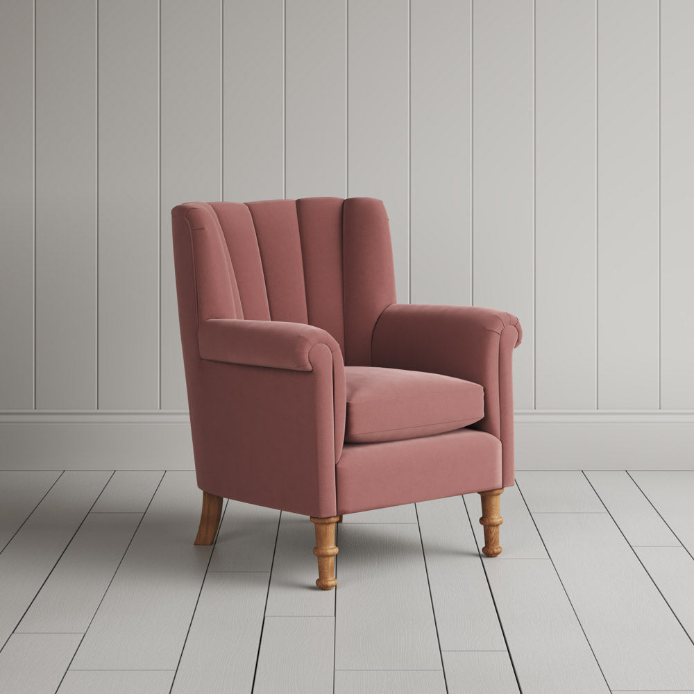 Time Out Armchair fluted back armchair in intelligent velvet rose, angled view by NiX.