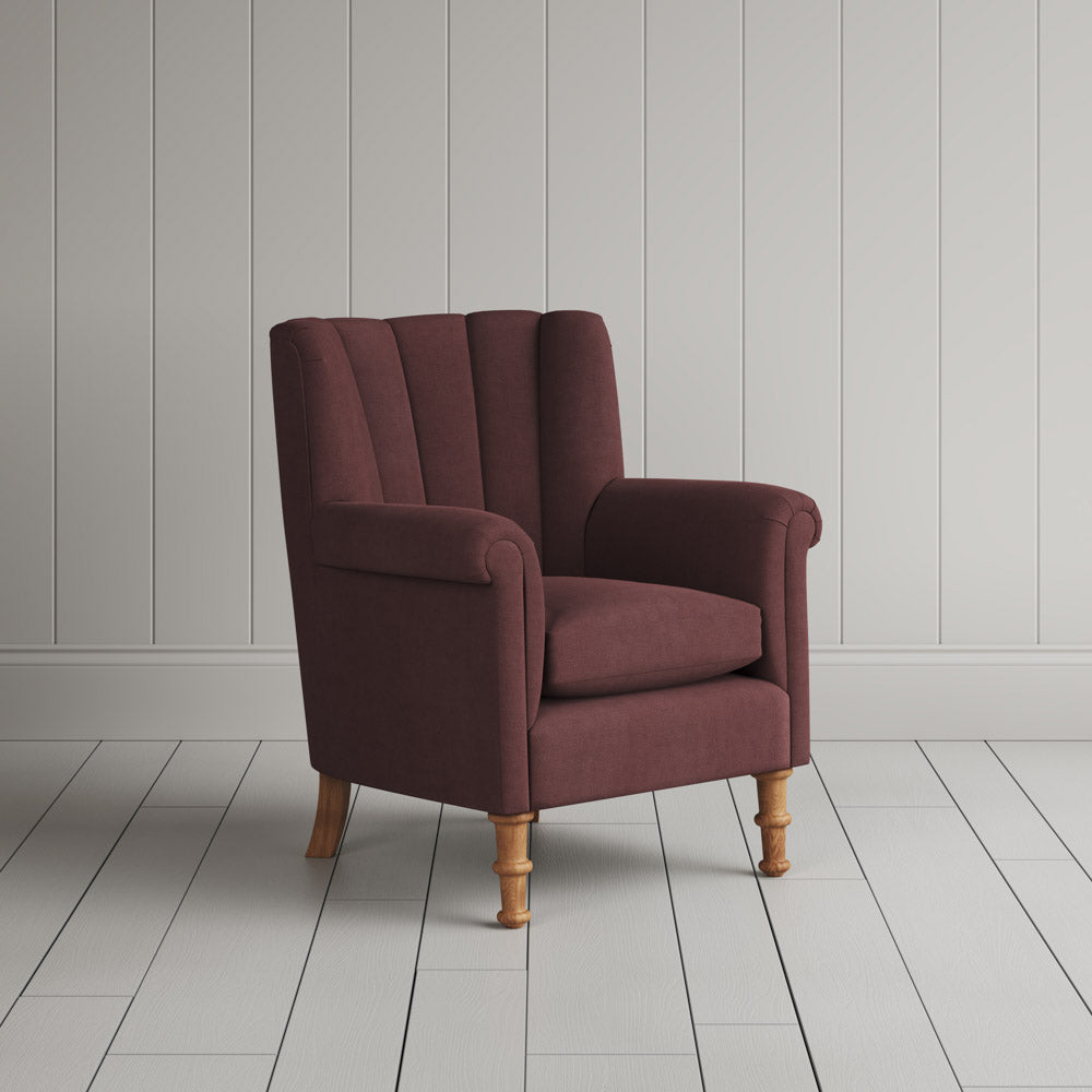 Time Out Armchair fluted back armchair in laidback linen damson, angled view by NiX.