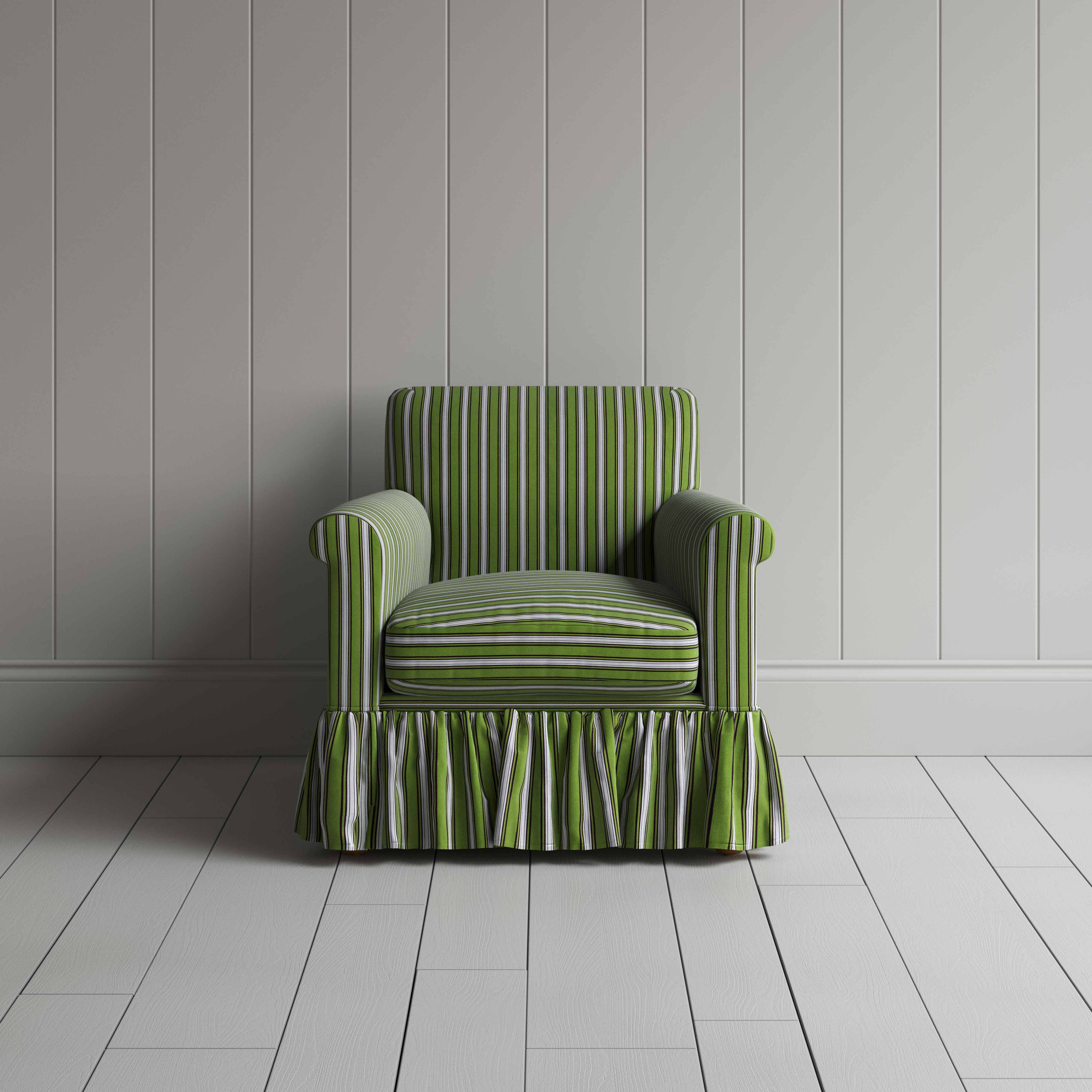 Elegant green and white striped armchair featuring a charming ruffled skirt, ideal for a stylish home decor.