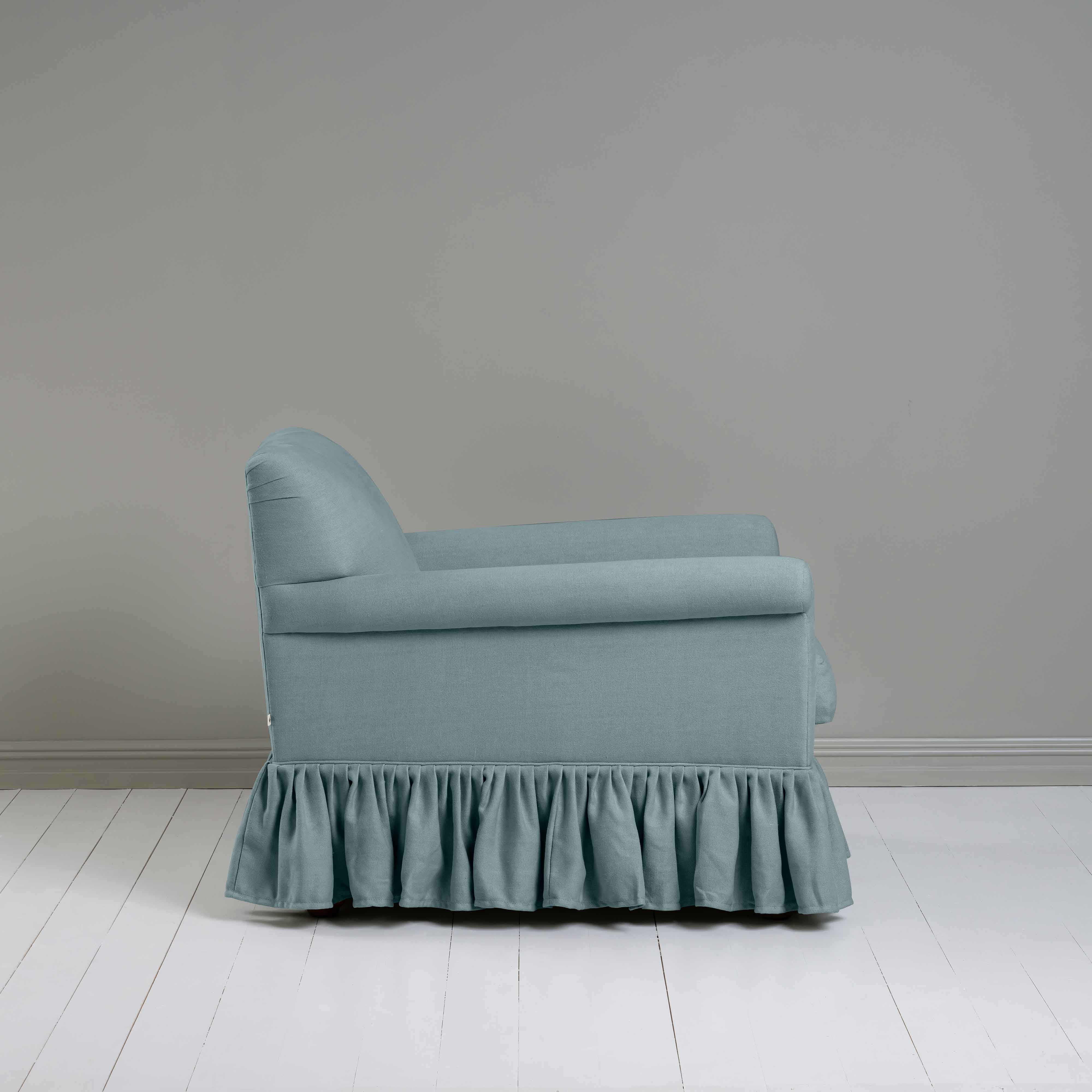 Curtain Call Armchair in Laidback Linen Cerulean, Side View - Nicola Harding