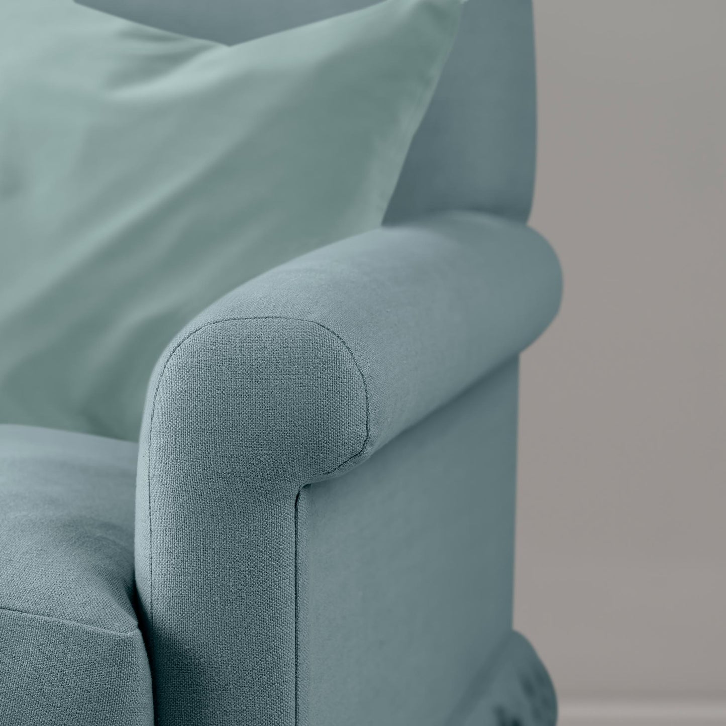 Curtain Call Armchair in Laidback Linen Cerulean, Arm Closeup - Nicola Harding