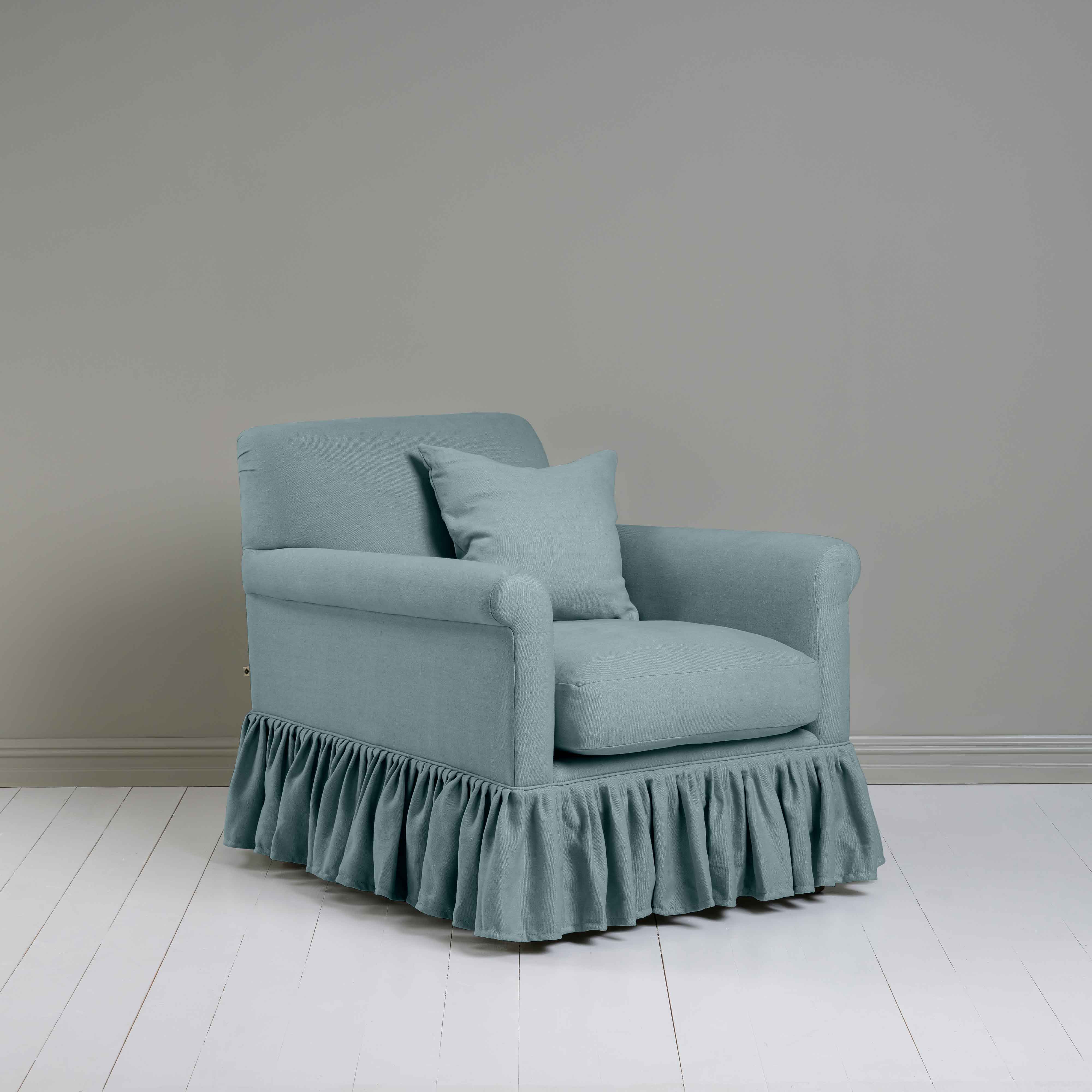 Curtain Call Armchair in Laidback Linen Cerulean, With a NiX Special Square Matching Cushion - Nicola Harding