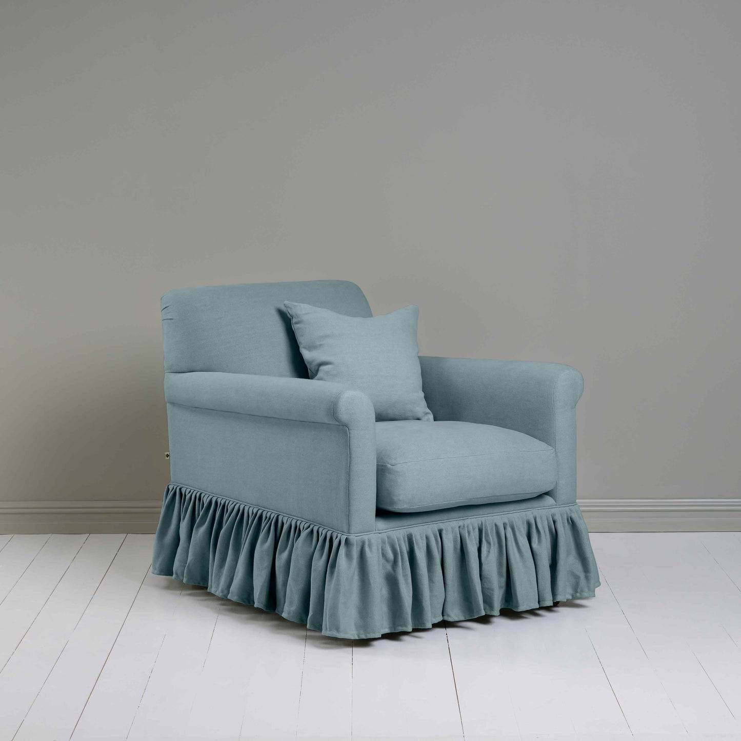 Curtain Call Armchair in Laidback Linen Cerulean, With a NiX Special Square Matching Cushion - Nicola Harding