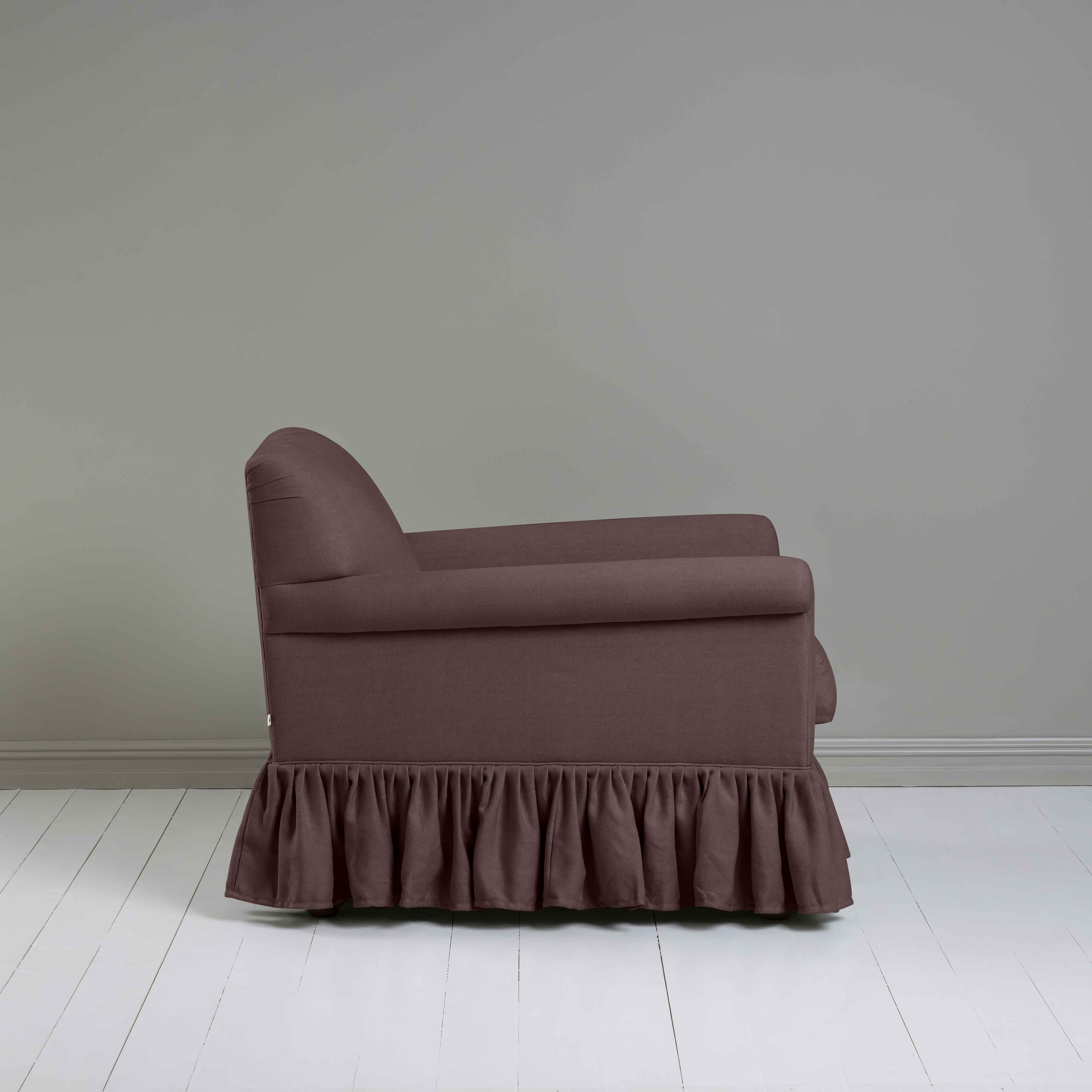 Curtain Call Armchair in Laidback Linen Damson, Side View - Nicola Harding
