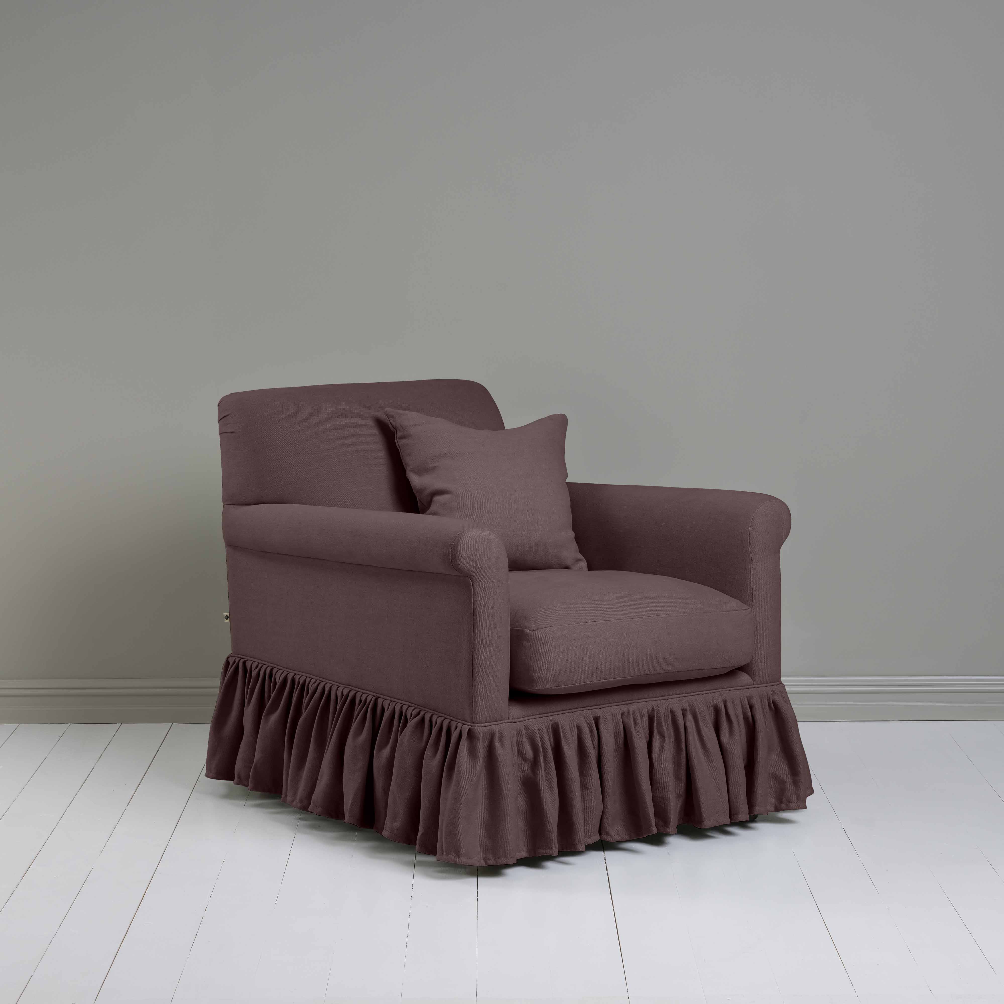 Curtain Call Armchair in Laidback Linen Damson, With a NiX Square Cushion - Nicola Harding