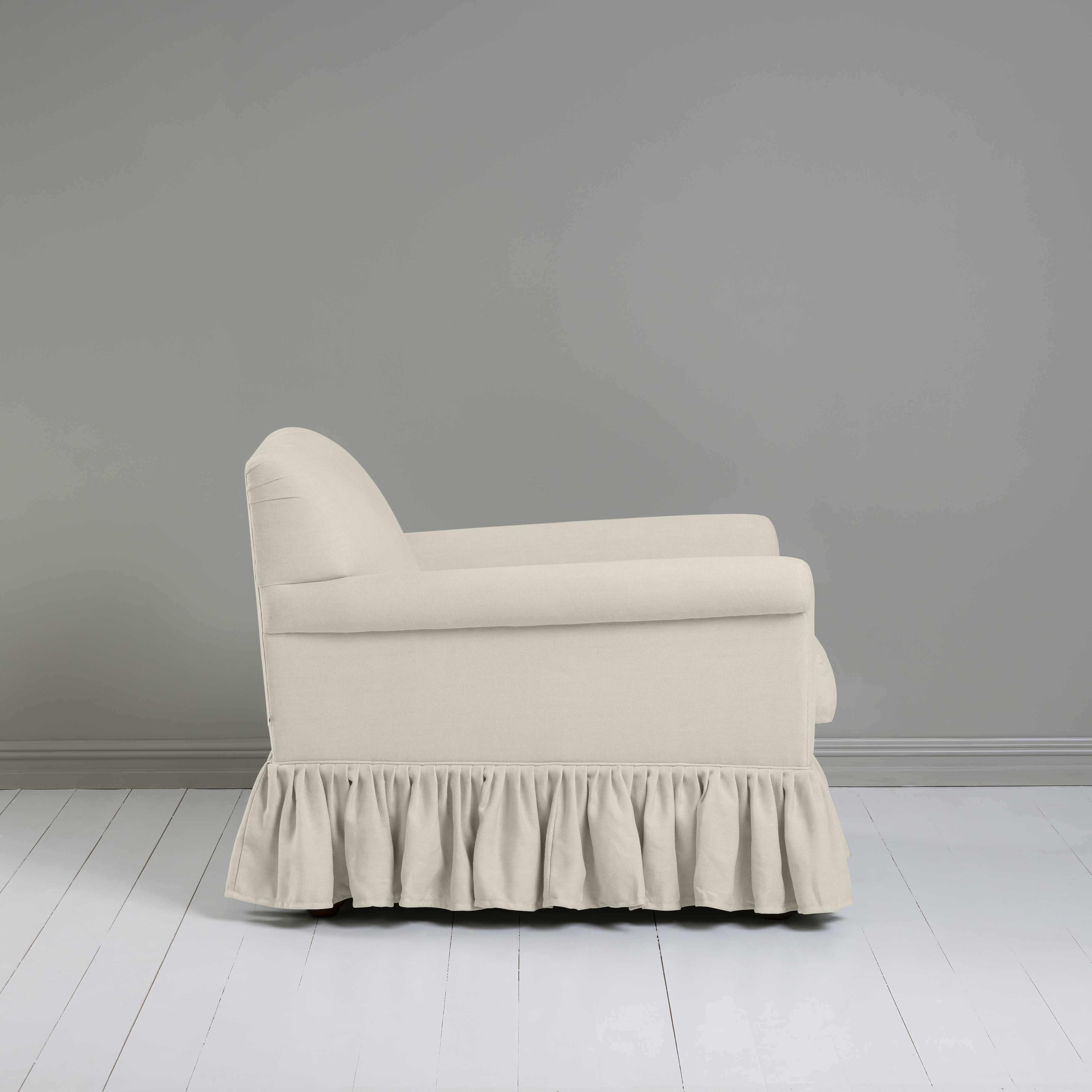Curtain Call Armchair in Laidback Linen Dove, Side View - Nicola Harding