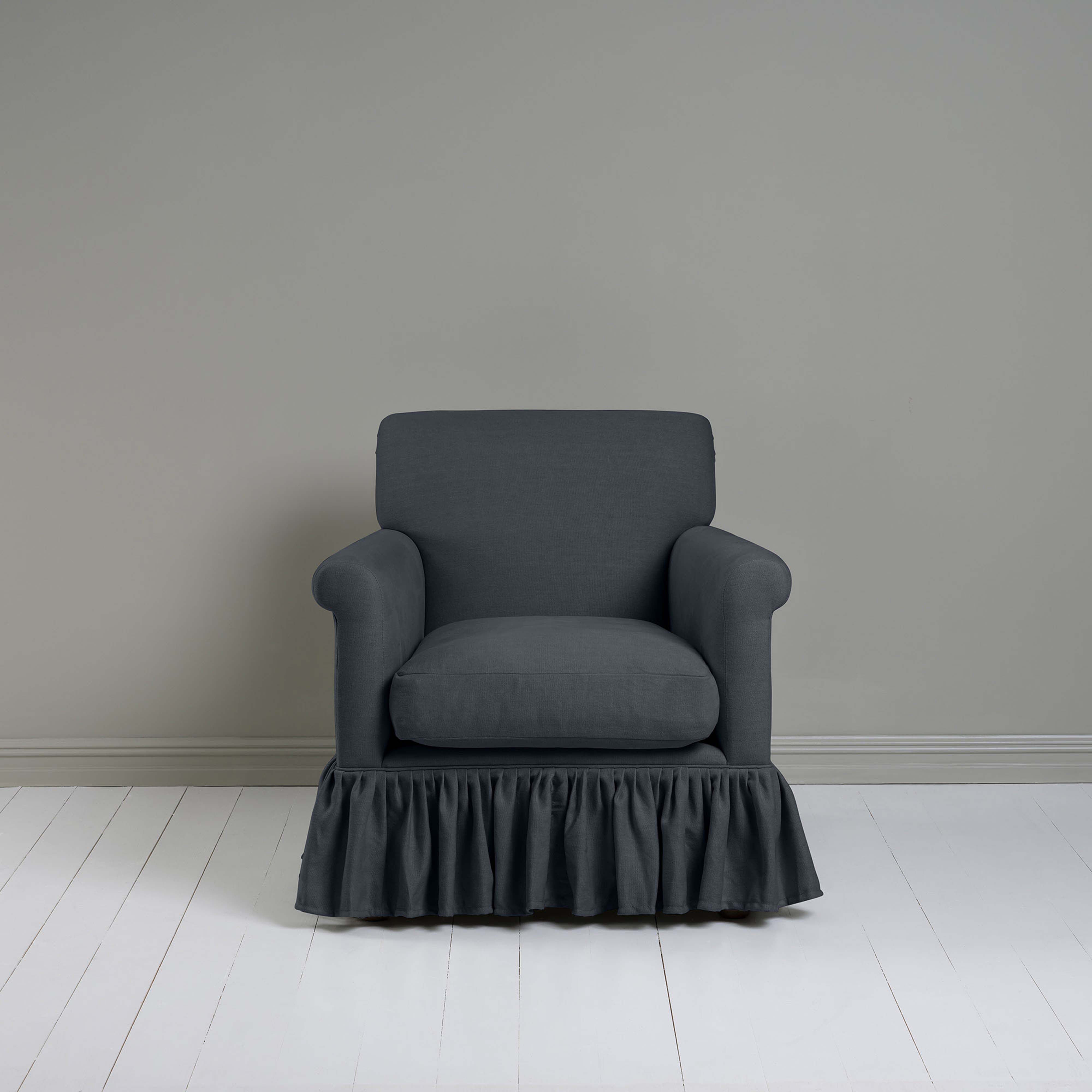 Curtain Call Armchair in Laidback Linen Midnight, Front View - Nicola Harding