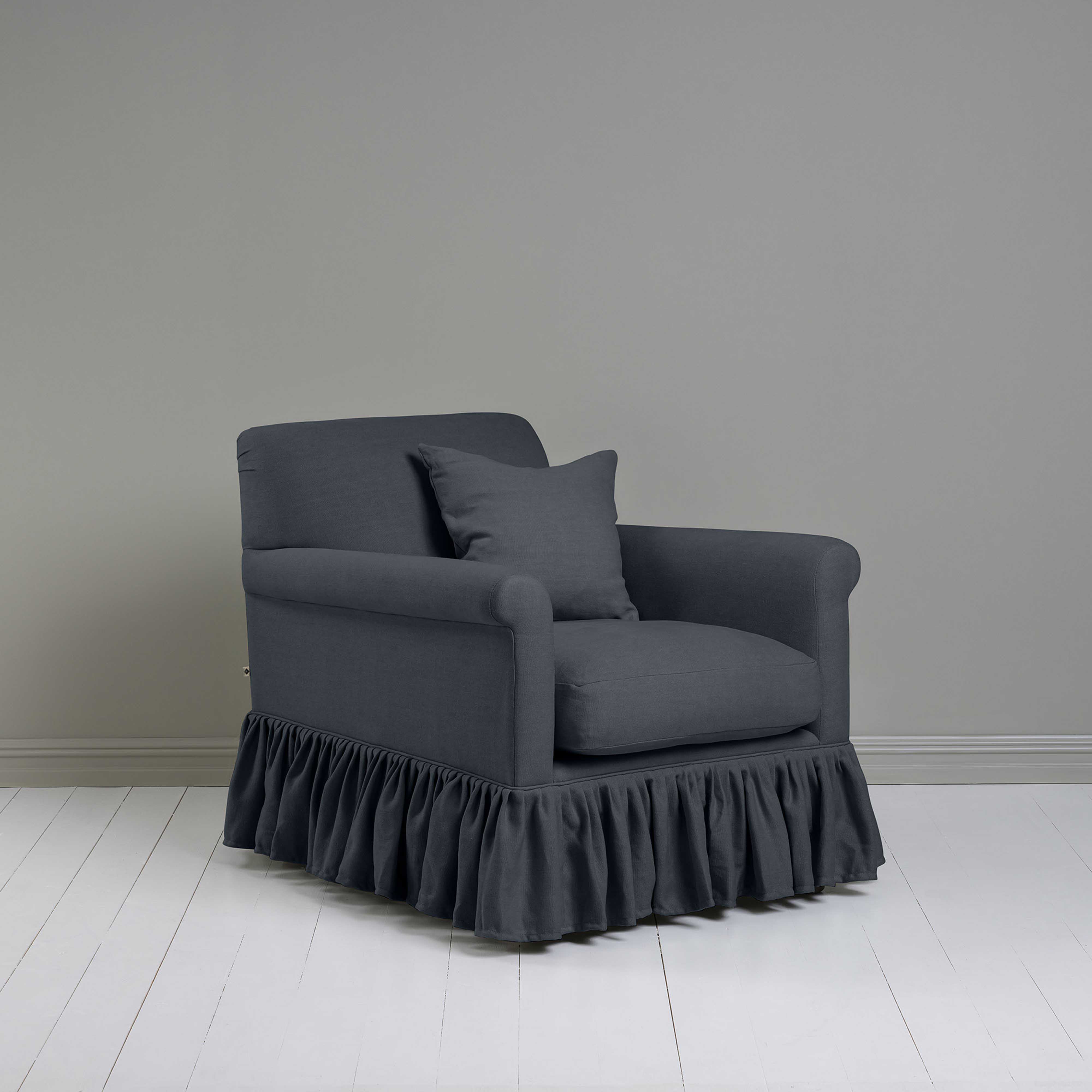 Curtain Call Armchair in Laidback Linen Midnight, With a Matching Square Cushion - Nicola Harding