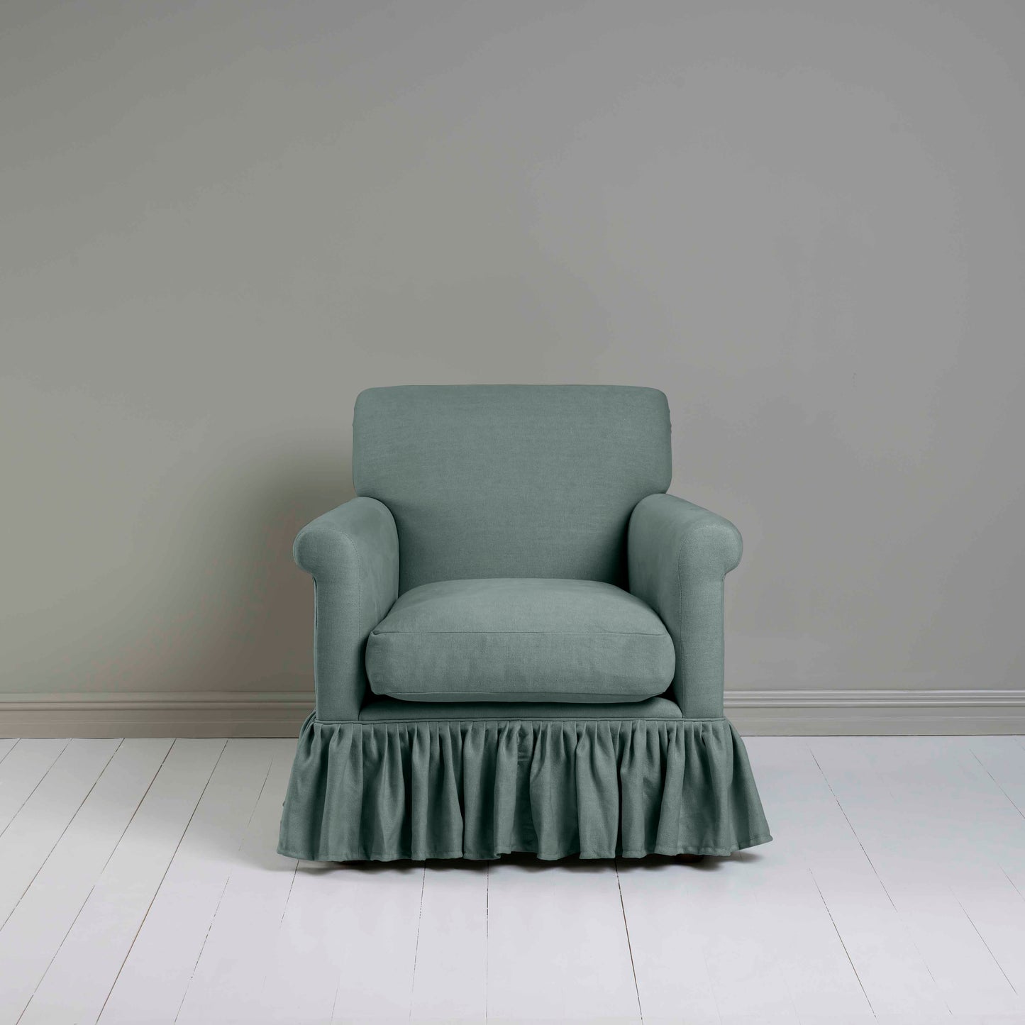 Curtain Call Armchair in Laidback Linen Mineral, Front View - Nicola Harding