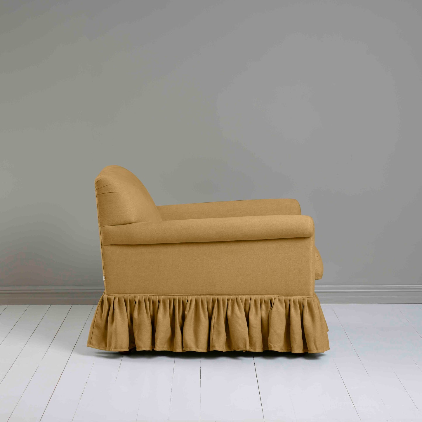 Curtain Call Armchair in Laidback Linen Ochre, Side View - Nicola Harding