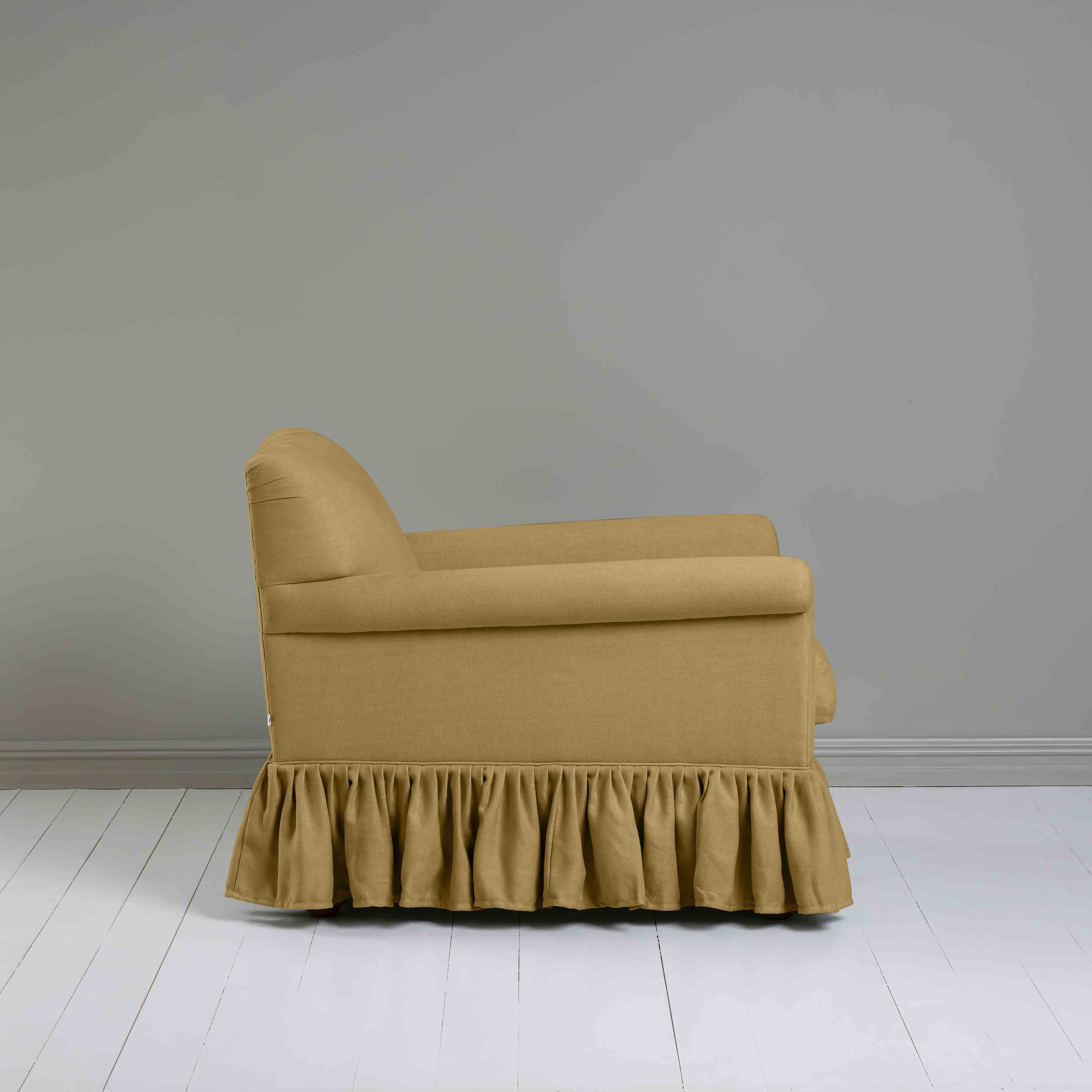 Curtain Call Armchair in Laidback Linen Ochre, Side View - Nicola Harding