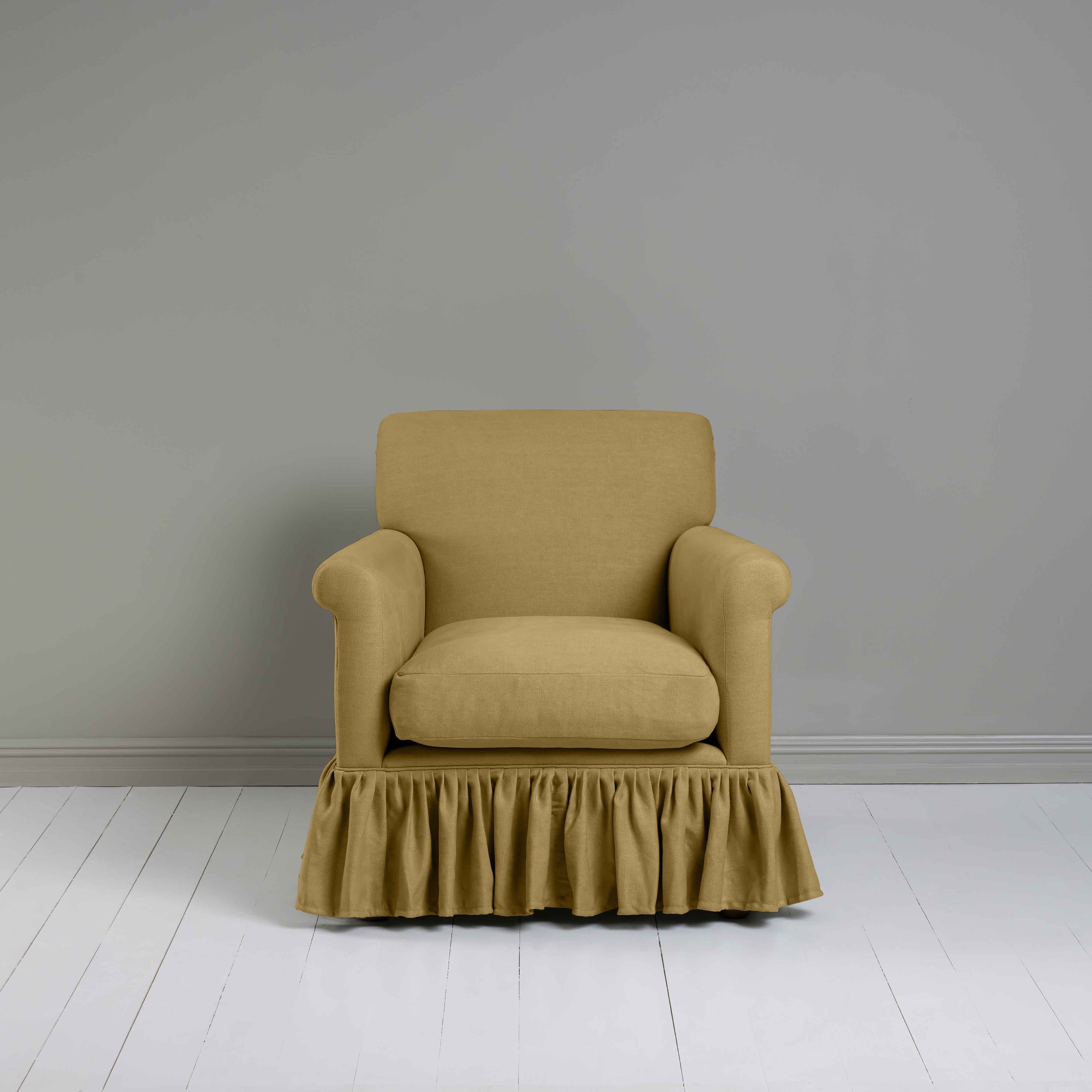 Curtain Call Armchair in Laidback Linen Ochre, Front View - Nicola Harding