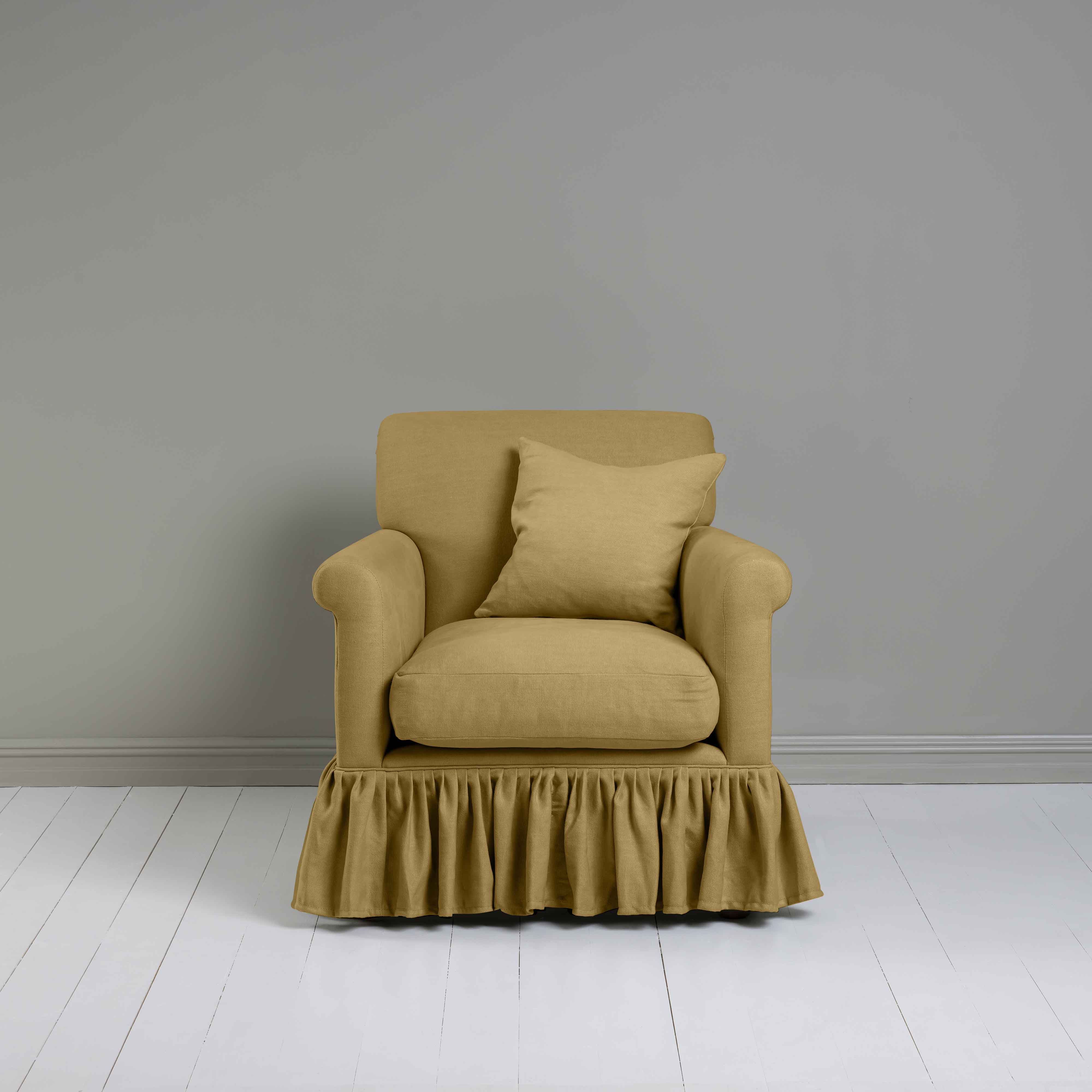 Curtain Call Armchair in Laidback Linen Ochre, With a Matching NiX Special Square Cushion - Nicola Harding
