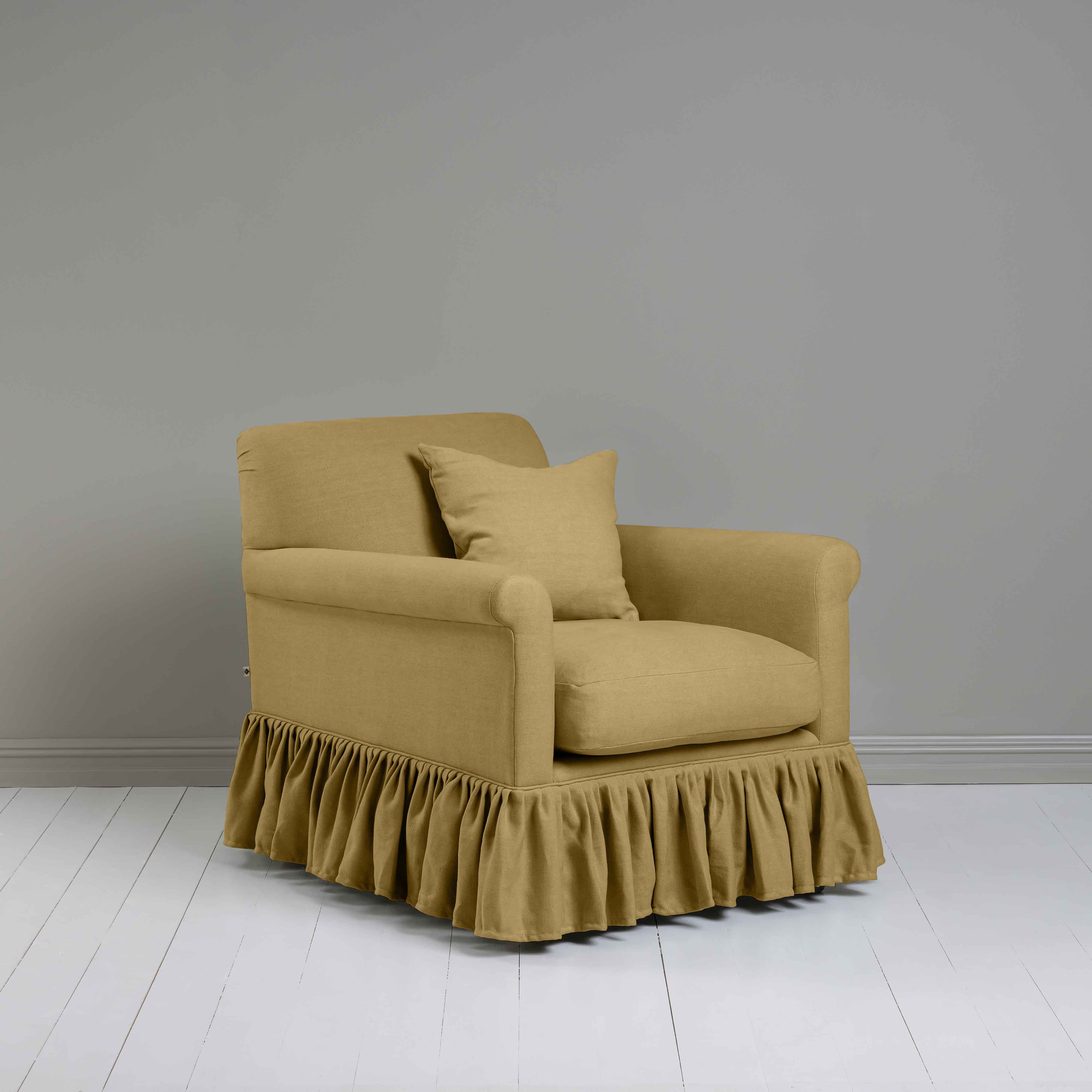 Curtain Call Armchair in Laidback Linen Ochre, With a Matching Square Cushion - Nicola Harding