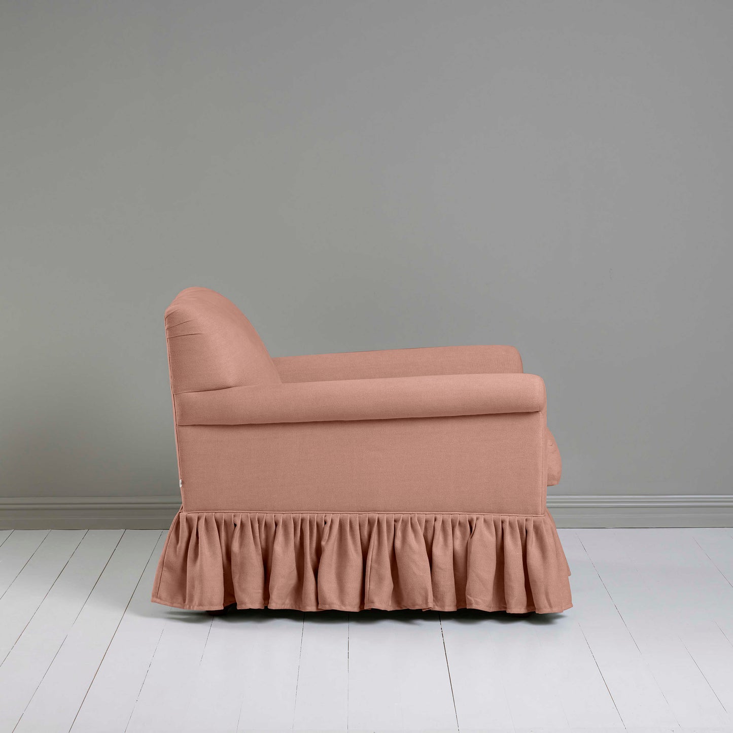 Curtain Call Armchair in Laidback Linen Roseberry, Side View - Nicola Harding