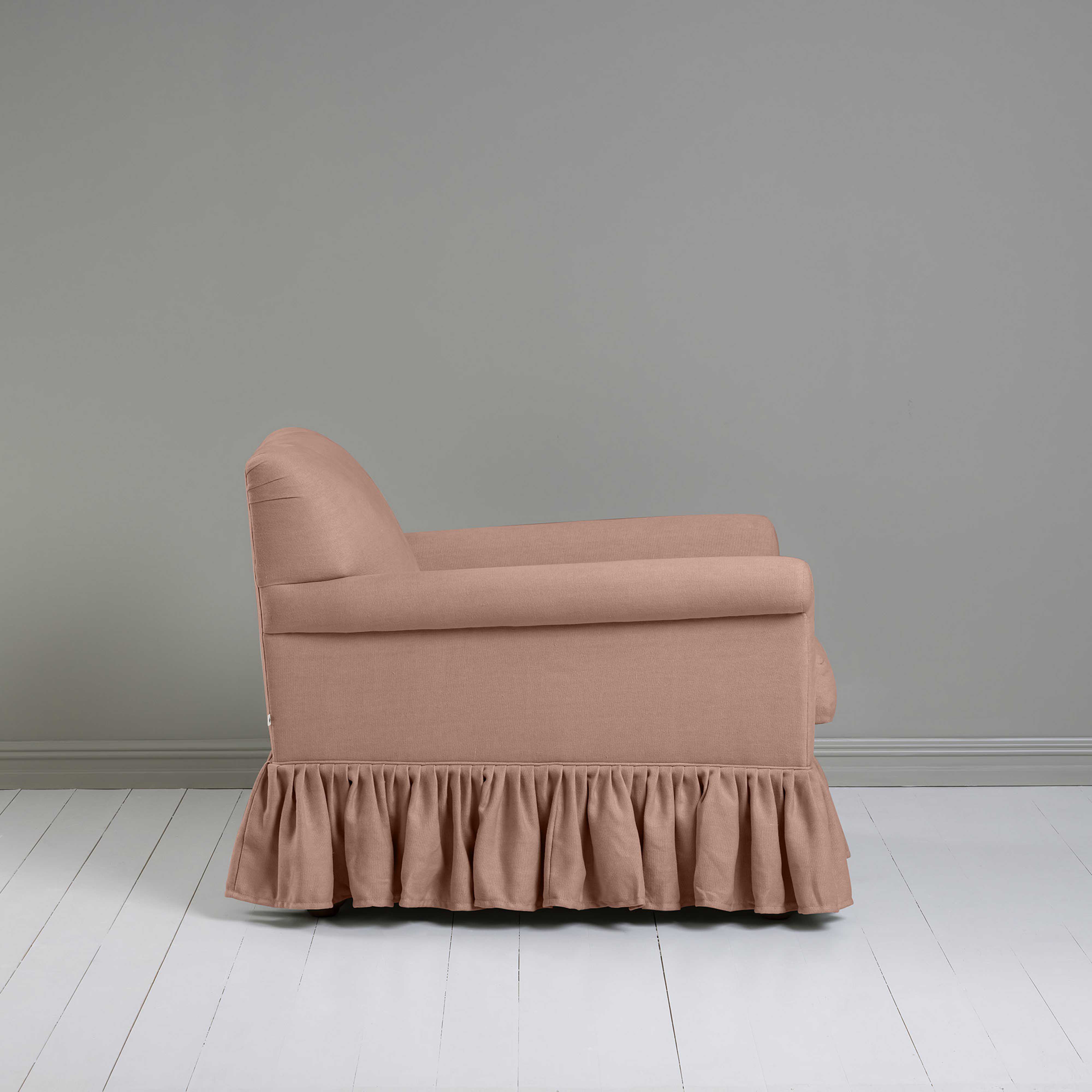 Curtain Call Armchair in Laidback Linen Roseberry, Side View - Nicola Harding