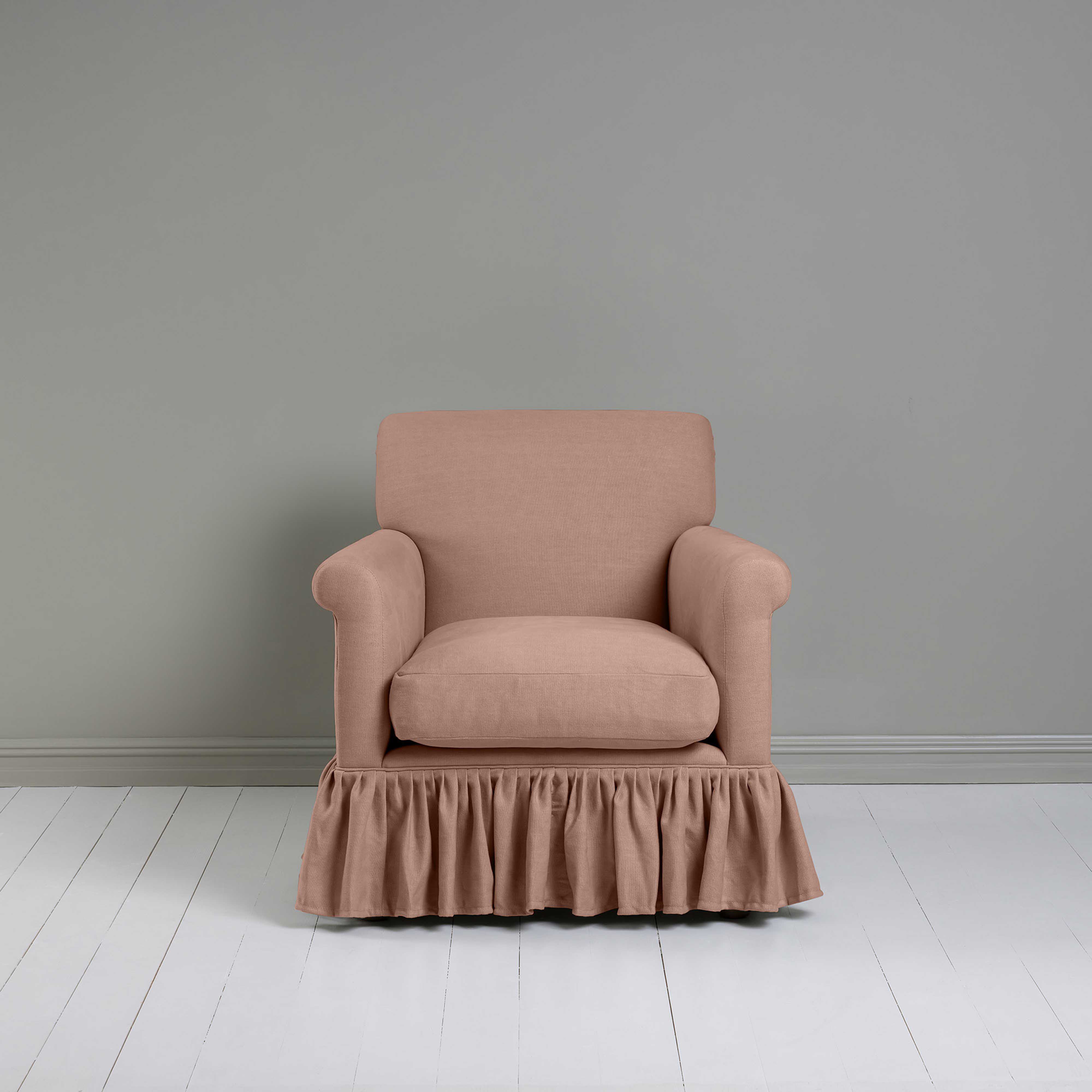Curtain Call Armchair in Laidback Linen Roseberry, Front View - Nicola Harding