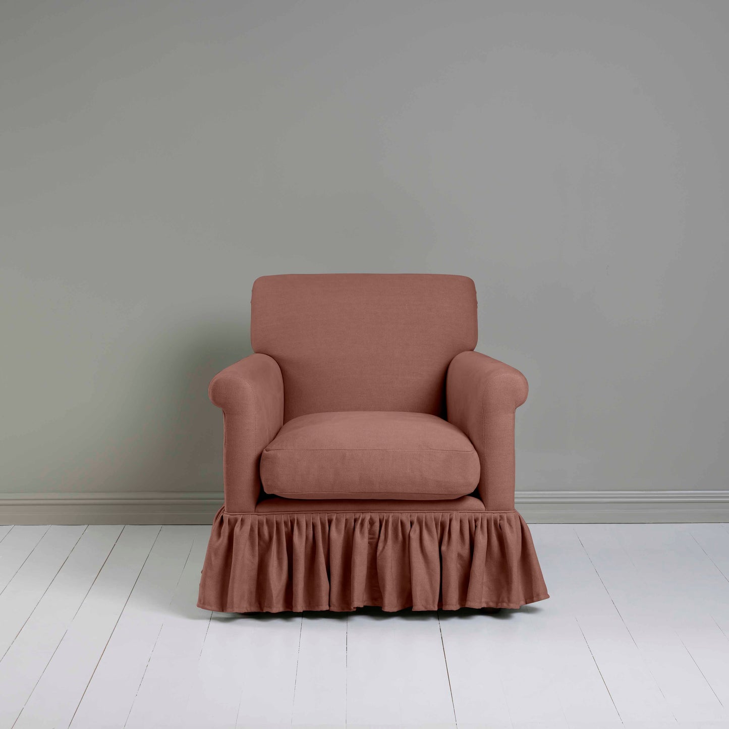 Curtain Call Armchair in Laidback Linen Sweet Briar, Front View - Nicola Harding