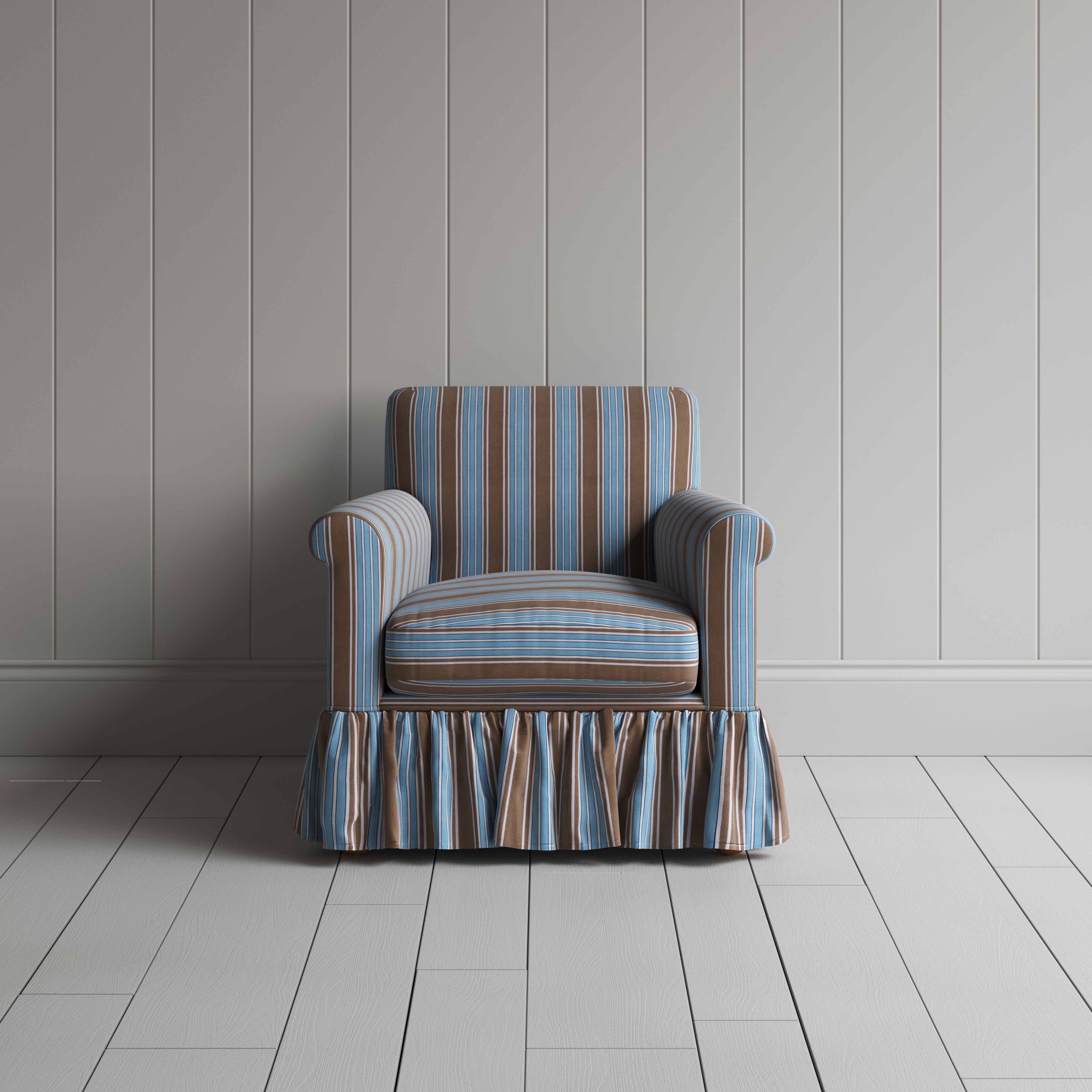 Curtain Call Armchair in Regatta Cotton, Blue, Front View  - Nicola Harding