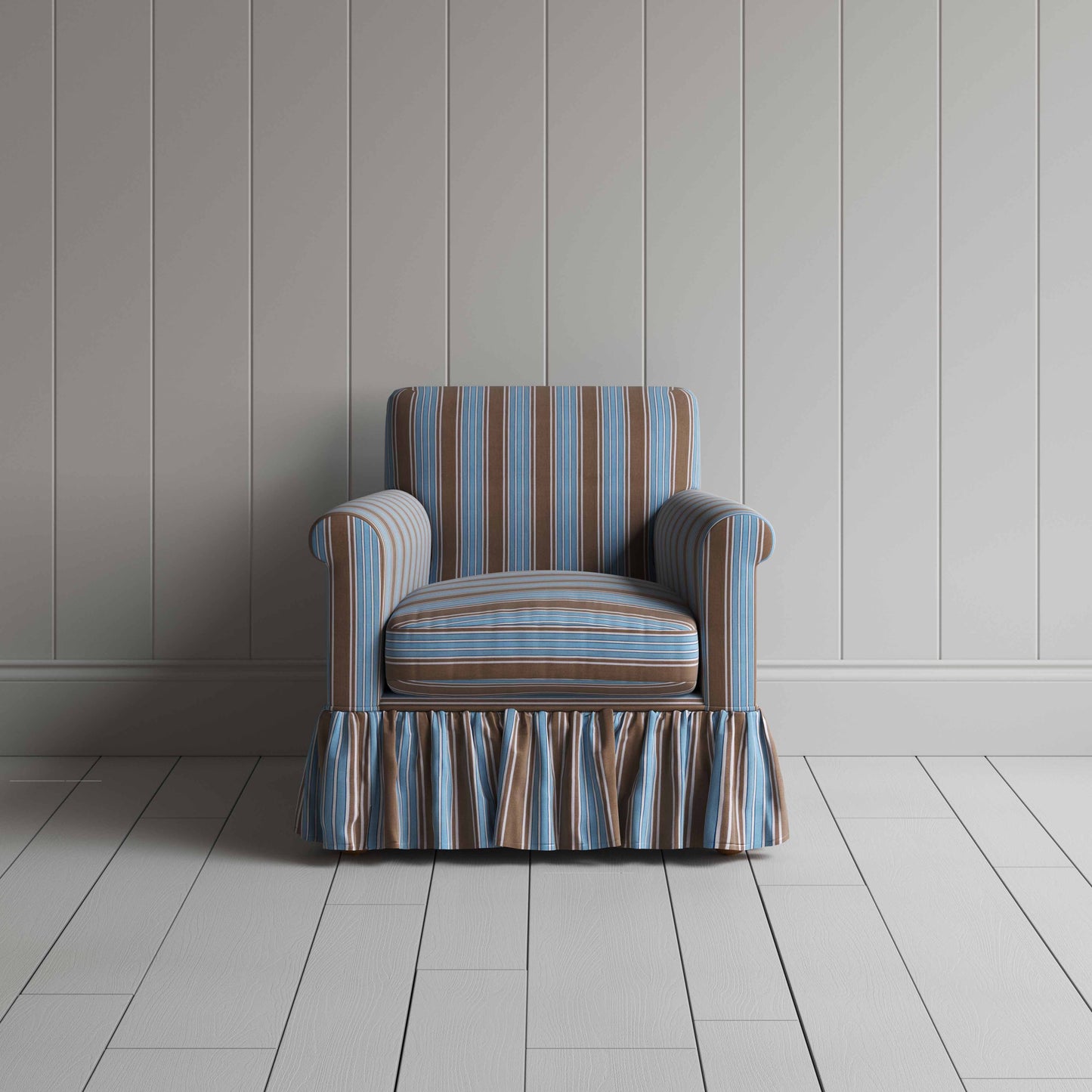 Curtain Call Armchair in Regatta Cotton, Blue, Front View  - Nicola Harding