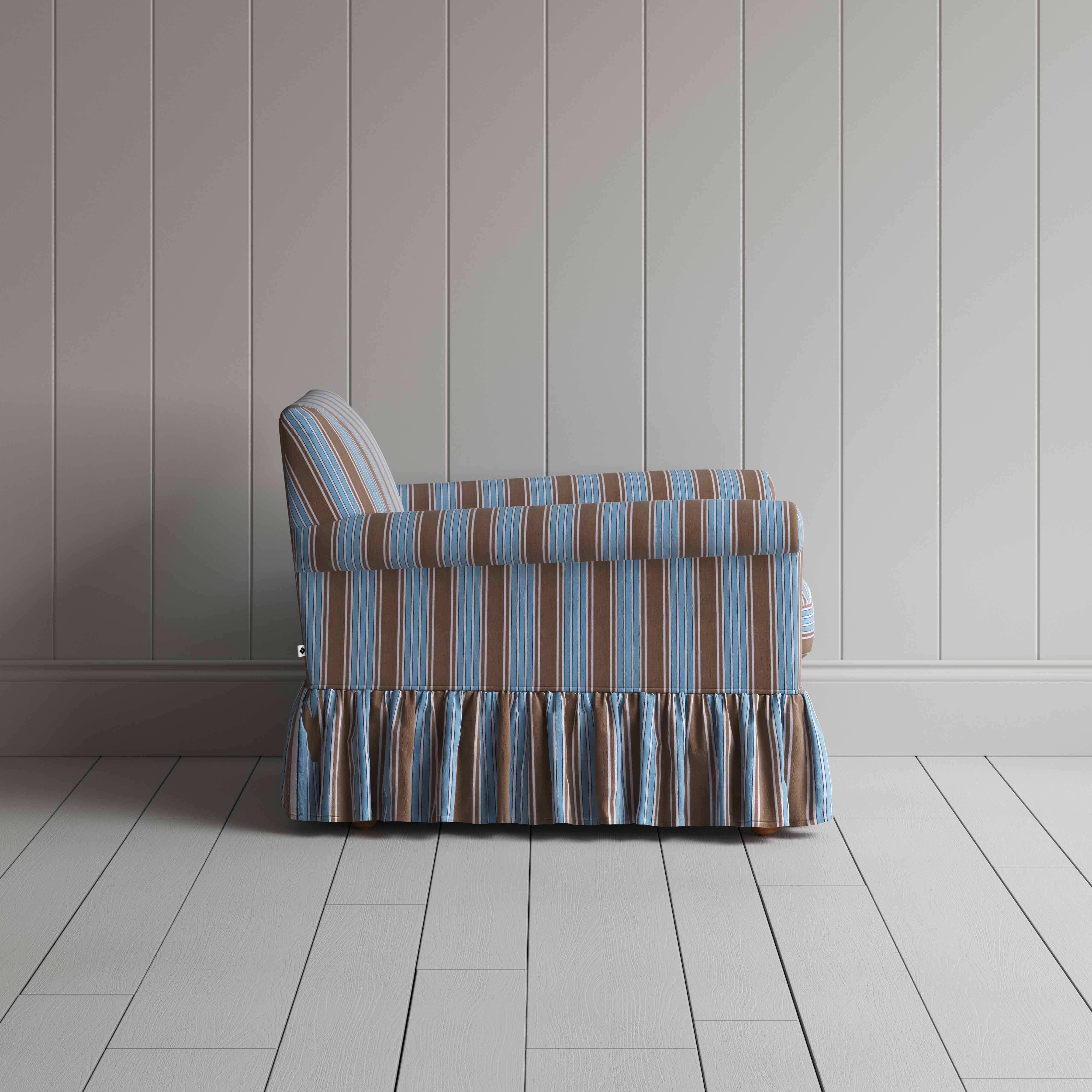 Curtain Call Armchair in Regatta Cotton, Blue, Side View - Nicola Harding