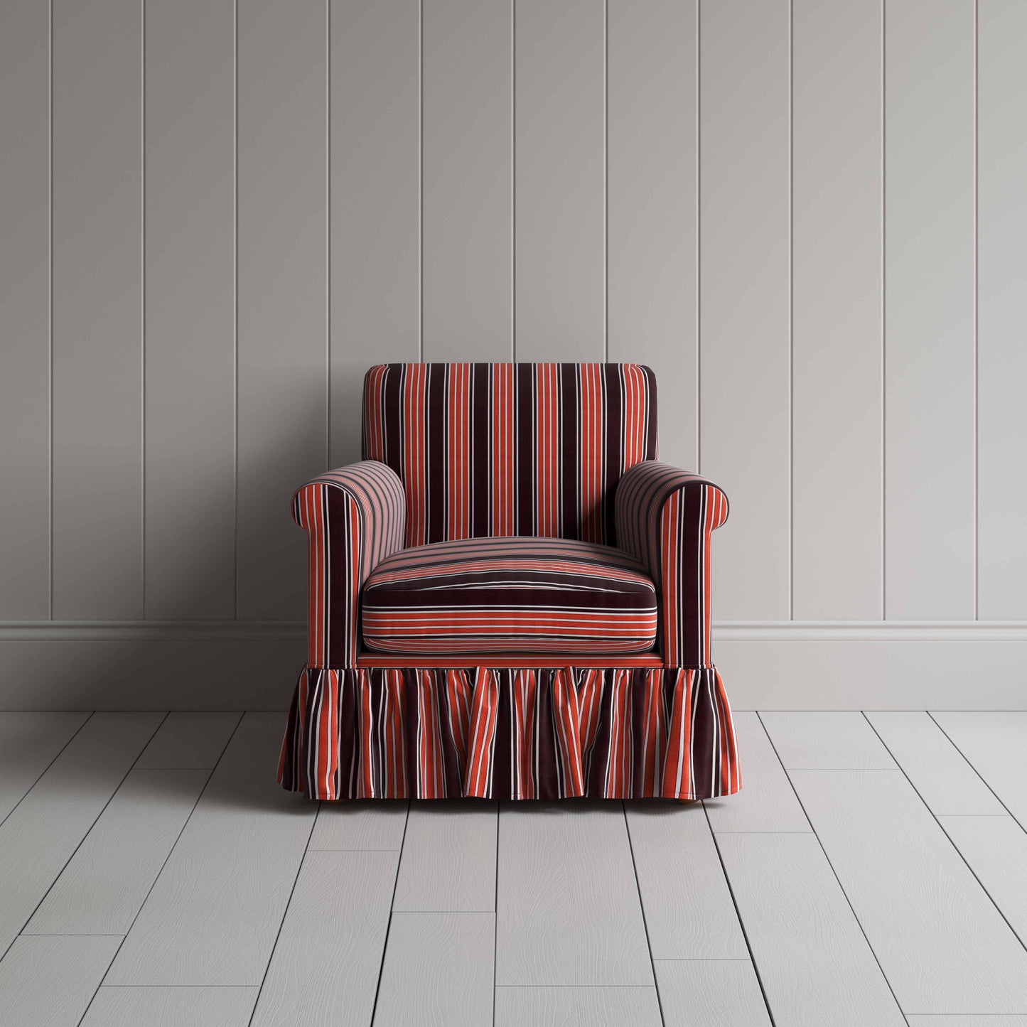 Curtain Call Armchair in Regatta Cotton, Flame, Front View - Nicola Harding
