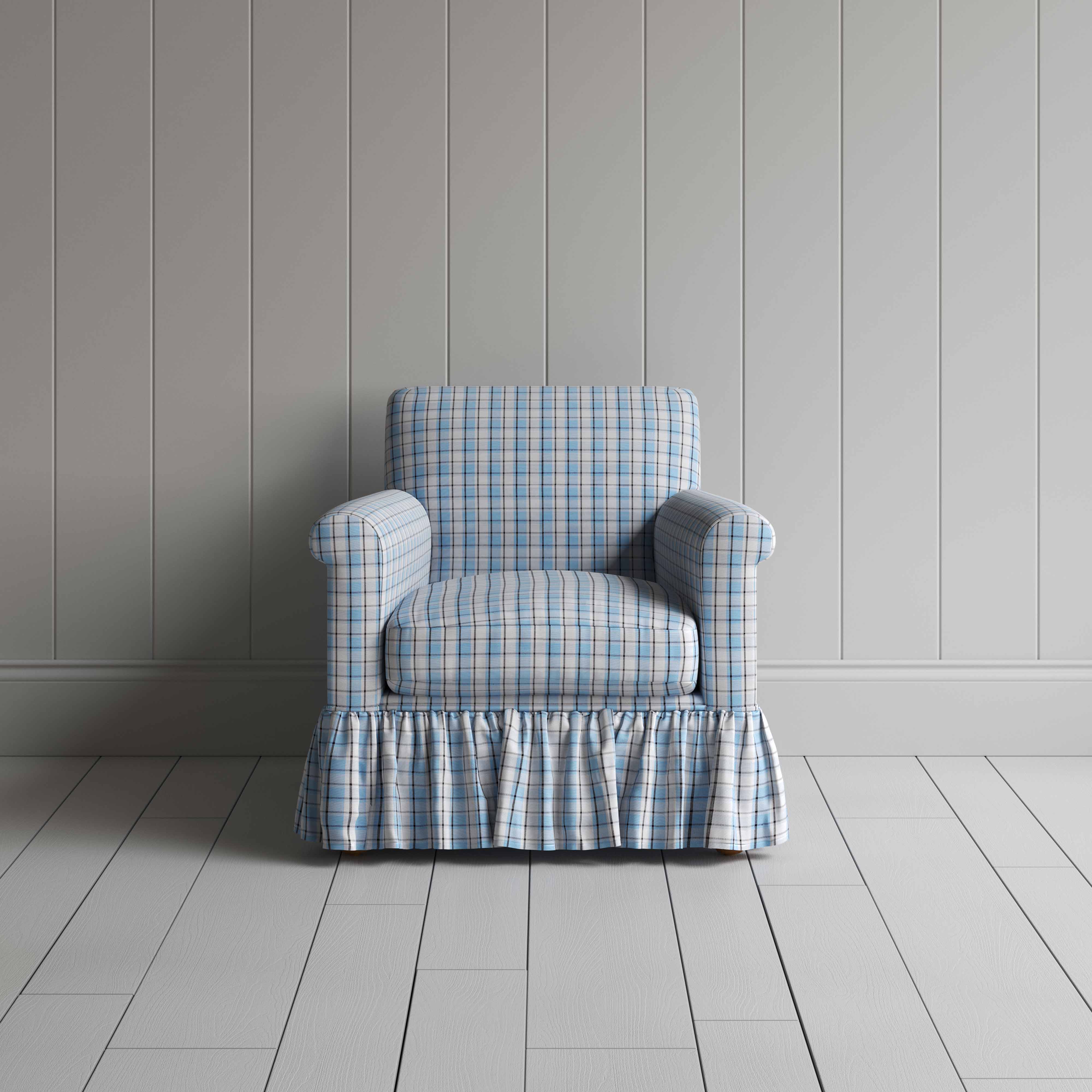  Curtain Call Armchair in Square Deal Cotton, Blue Brown 