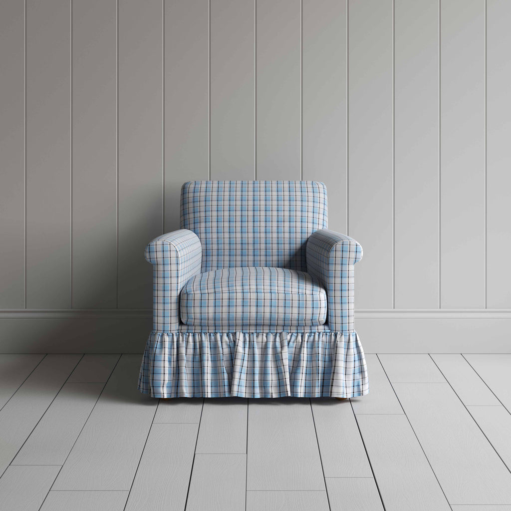 Curtain Call Armchair in Square Deal Cotton, Blue Brown, Front View - Nicola Harding