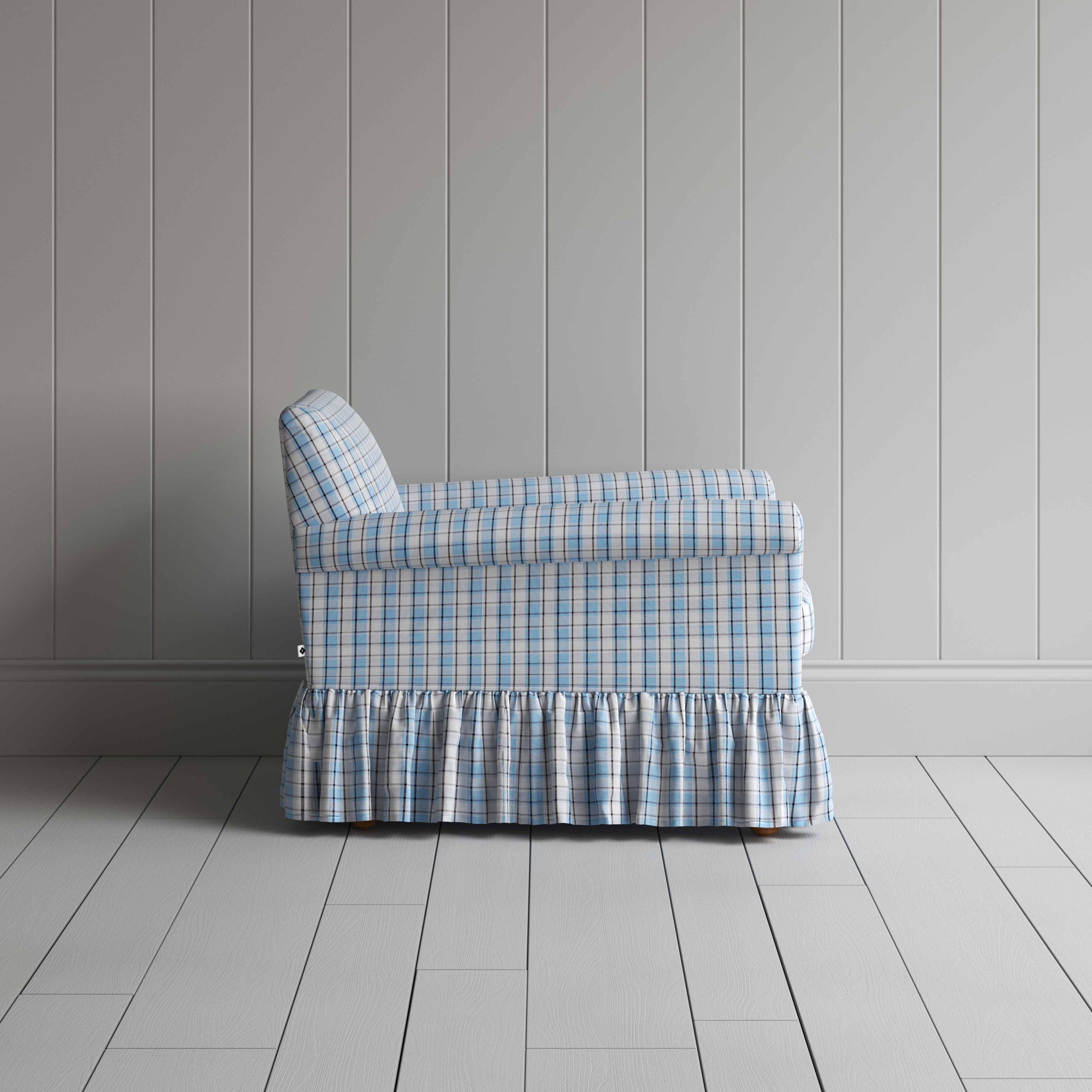 Curtain Call Armchair in Square Deal Cotton, Blue Brown, Side View - Nicola Harding