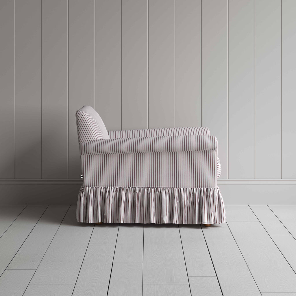 Curtain Call Armchair in Ticking Cotton, Berry, Side View - Nicola Harding