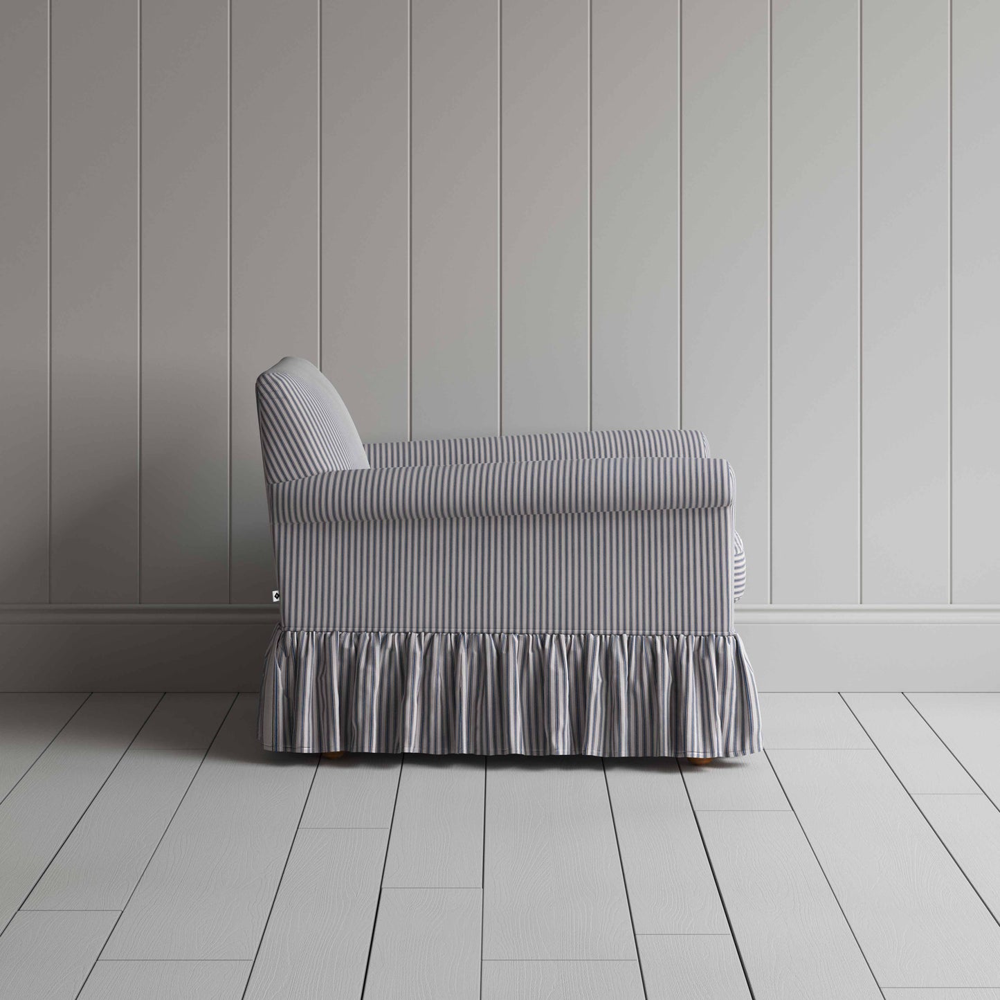 Curtain Call Armchair in Ticking Cotton, Blue Brown, Side View - Nicola Harding