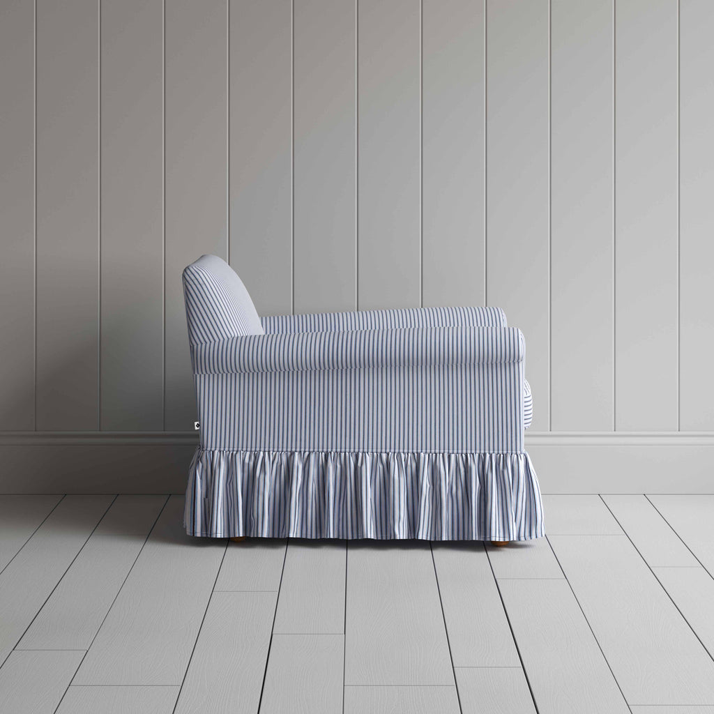 Curtain Call Armchair in Ticking Cotton, Aqua Brown, Side View - Nicola Harding