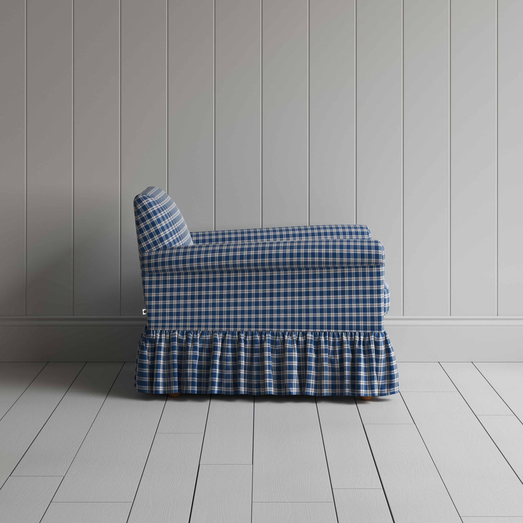 Curtain Call Armchair in Well Plaid Cotton, Blue Brown, Side View - Nicola Harding