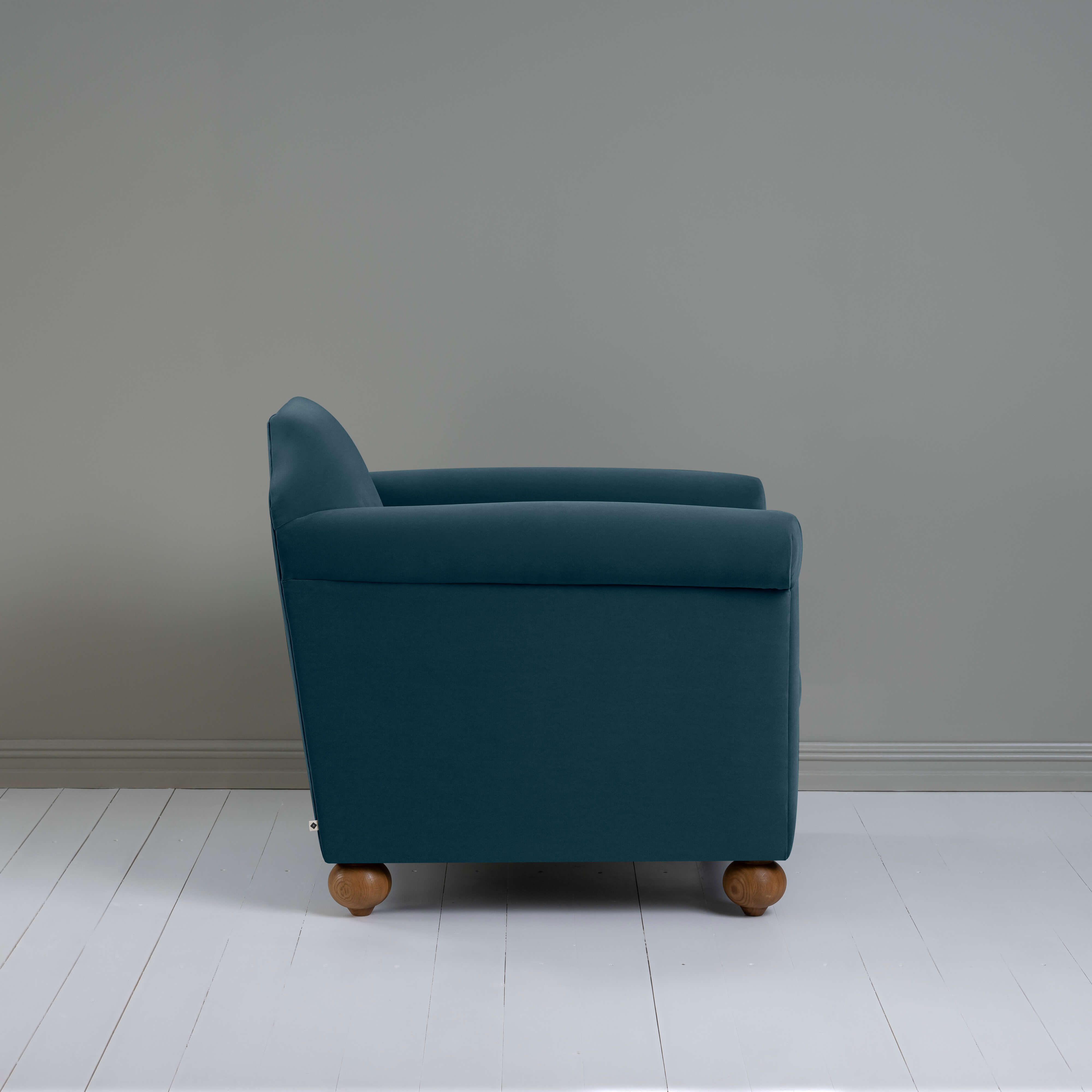 Dolittle Armchair in Intelligent Velvet Aegean, Side View - Nicola Harding