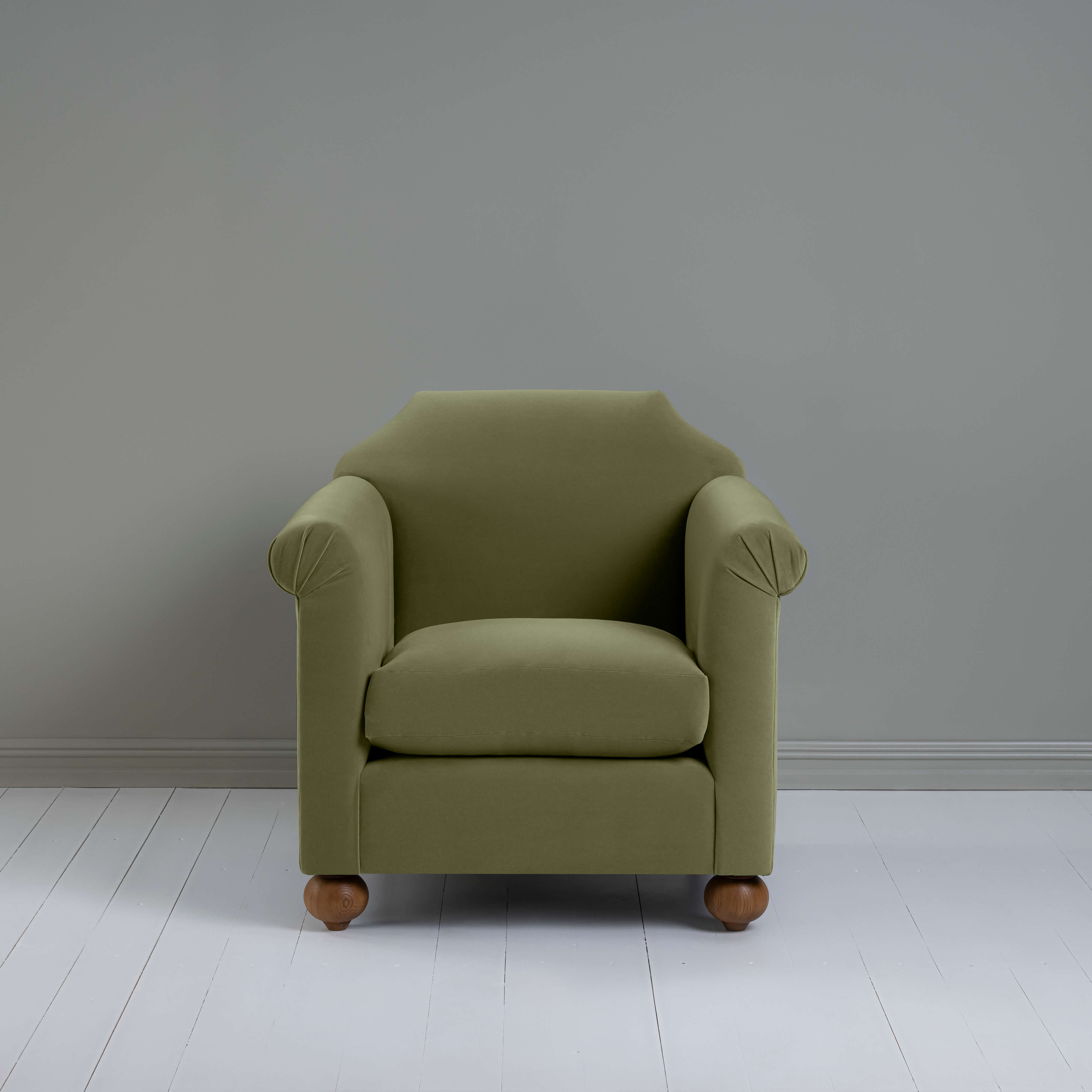 Dolittle Armchair in Intelligent Velvet Green Tea, Front View - Nicola Harding