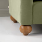 Dolittle Armchair in Intelligent Velvet Green Tea, Round Wooden Foot Closeup - Nicola Harding